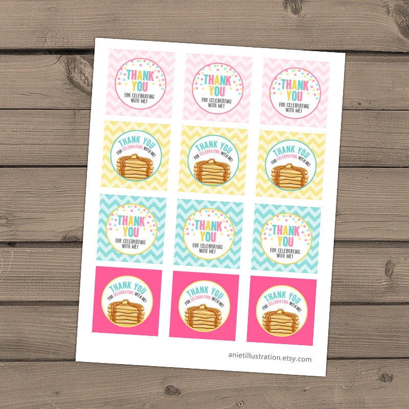 Pancakes and Pajamas Thank You Tags Birthday Pancakes birthday Cupcake Toppers Favor Tags Thank you labels Pink mint Digital PRINTABLE 0286