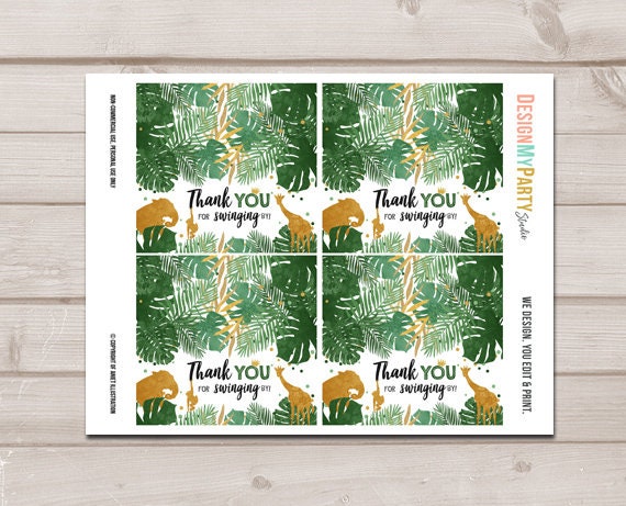 Thank You for Swinging By Safari Animals Treat Bag Toppers Safari Birthday Favors Party Animals Gold Safari Instant Download Printable 0016