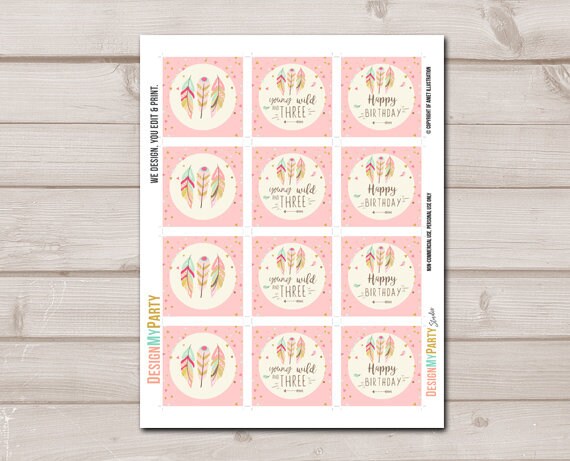 Young Wild and Three Cupcake Toppers Favor Tags Birthday Party Decoration Pink Gold Feathers Tribal Download Digital PRINTABLE 0073