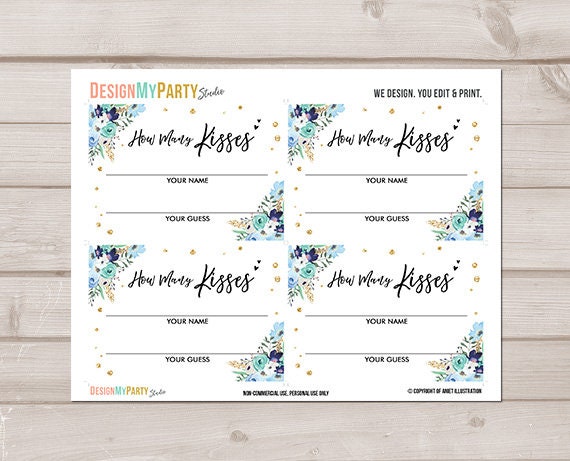 Guess How Many Kisses Bridal Shower Game Wedding Shower Activity Floral Blue Gold Are in The Jar Game Instant Download Printable 0030