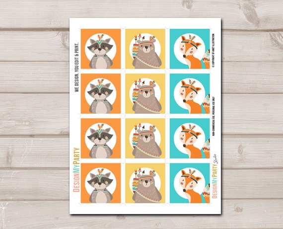 Tribal Woodland Cupcake Toppers Favor Tags Birthday Party Decoration Stickers Forest Animals Wild One Instant Download Printable 0061