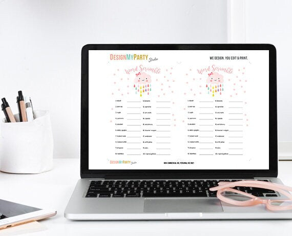 Cloud Baby Shower Word Scramble Game Cards Baby Girl Pink Raindrops Rain Drops Shower Activity Printable Instant Download DIY Game 0036