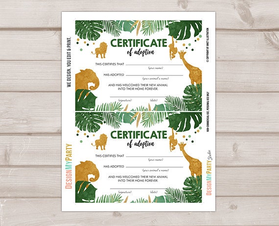 Adopt an Animal Adoption Certificate Safari Adoption Wild One Birthday Boy Green Gold Party Animal Instant Download Digital PRINTABLE 0016