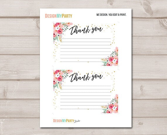 Travel Thank you Card Floral Thank You Note 4x6" Bridal Shower Pink and Gold Flowers Bohemian Romantic Printable Instant Download 0030 0318