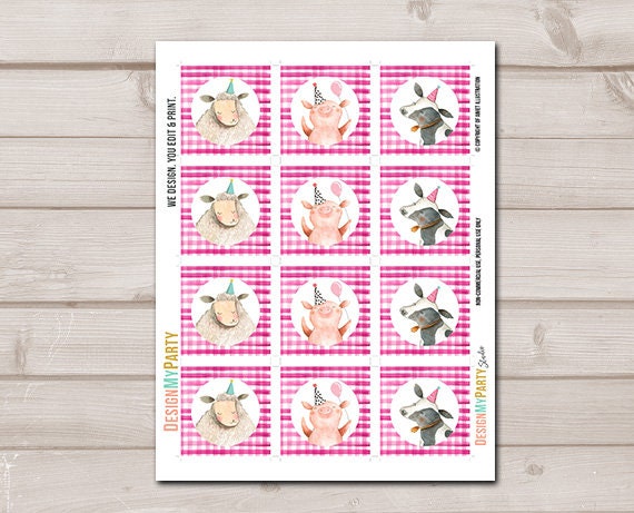 Pink Farm Birthday Cupcake Toppers Favor Tags Farm Birthday Party Decor Girl Farm Animals Barnyard Stickers download PRINTABLE 0155 0160