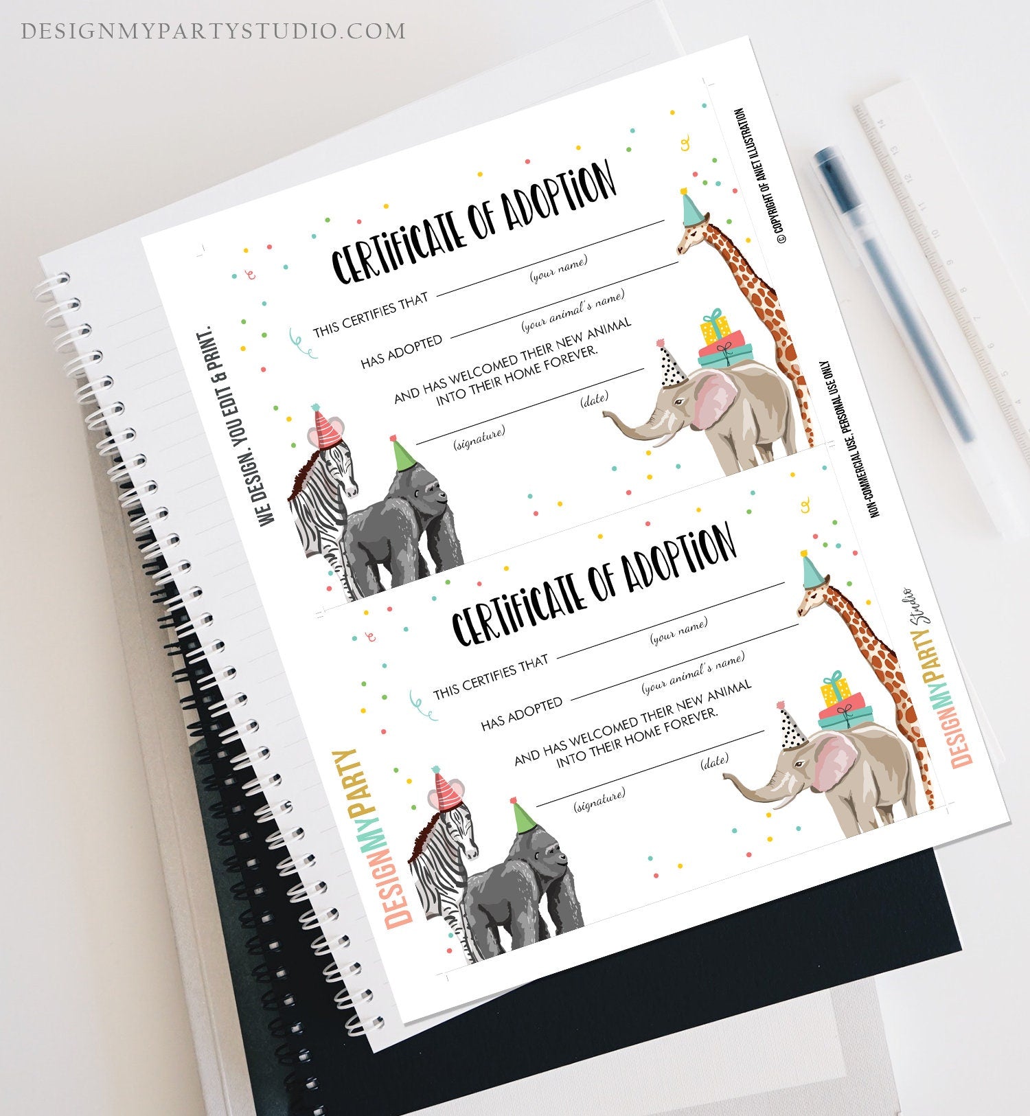 Adopt an Animal Adoption Certificate Safari Adoption Wild One Birthday Party Animals Birthday Instant Download Digital PRINTABLE 0142