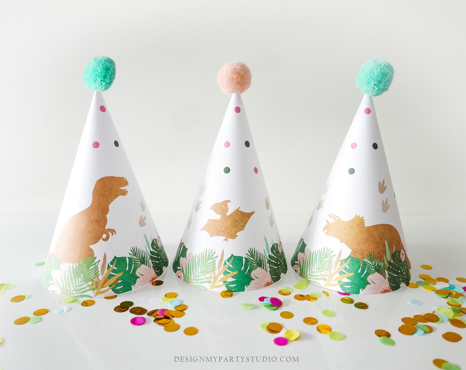 Printable Party Hats Party Girl Dinosaur Birthday Party Decor Dino Pink Gold Birthday Dinosaur Decor DIY PRINTABLE Digital Download 0146