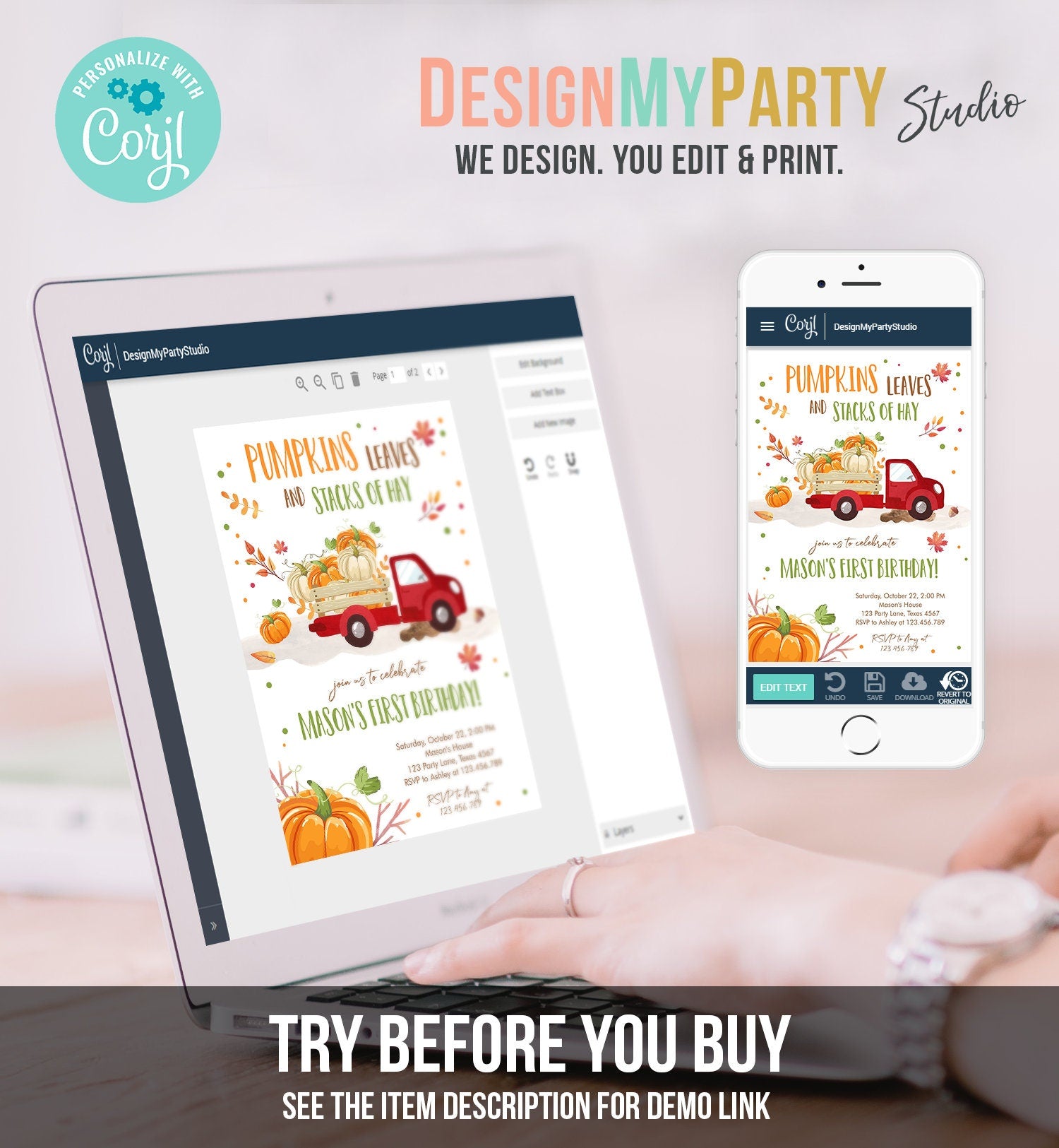 Editable Pumpkin Birthday Invitation Boy Fall Pumpkin Truck Birthday Party Red Orange Green Download Evite Corjl Template Printable 0153