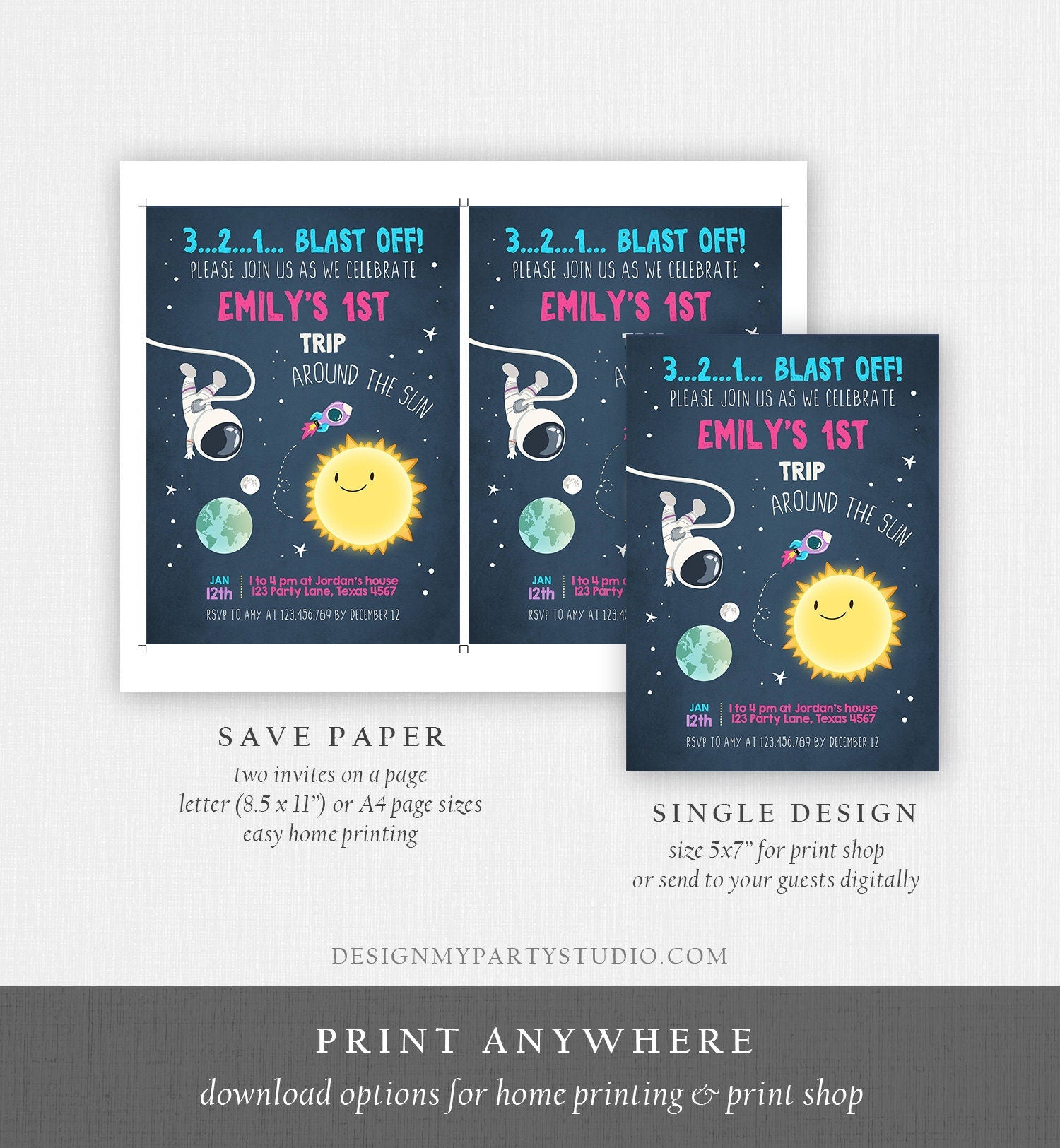 Editable Outer Space Birthday Invitation Girl Astronaut Galaxy First Birthday Around the Sun Download Printable Template Digital Evite 0046