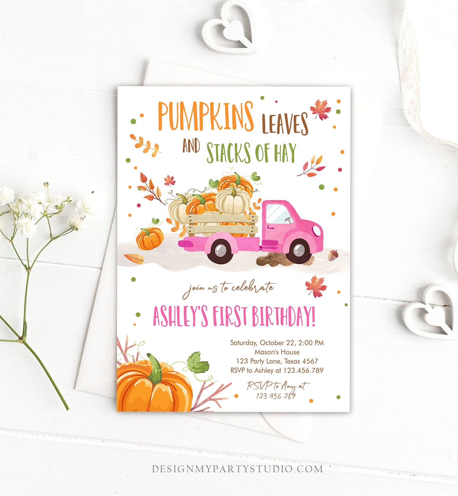 Editable Pumpkin Birthday Invitation Girls Fall Girl Pumpkin Truck Birthday Party Pink Orange Download Evite Template Corjl Printable 0153