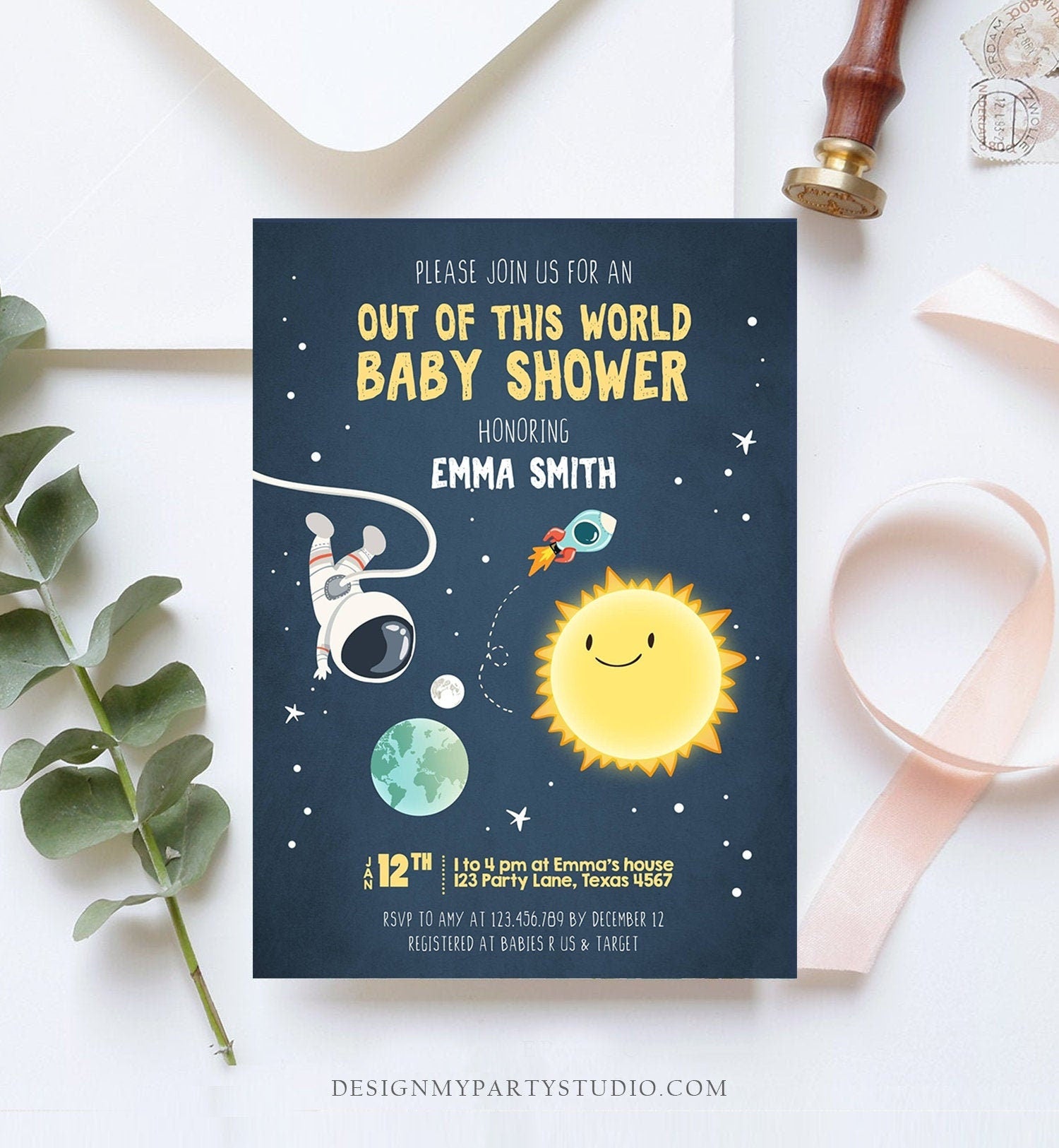 Editable Space Baby Shower Invitation Astronaut Rocket It's a Boy Out of This World Invitation Template Instant Download Corjl 0046