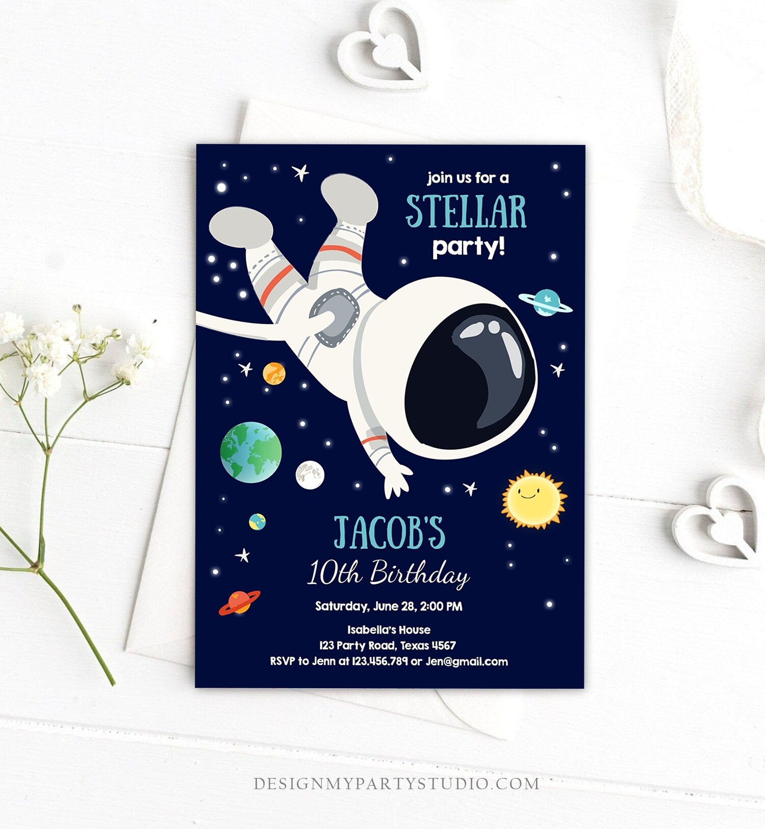 Editable Boy Space Birthday Party Invitation Outer Space Galaxy Planets and Stars Astronaut Digital Download Evite Template Printable 0259