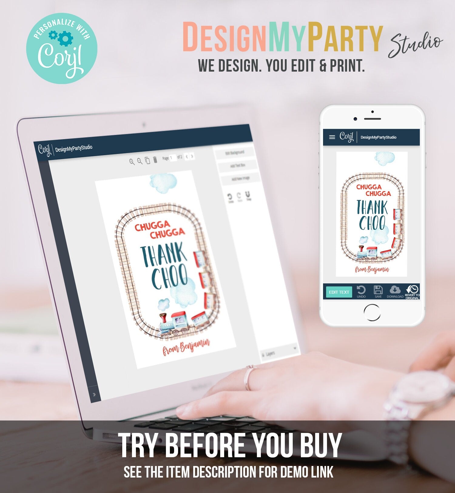 Editable Favor Tags Train Birthday Thank You Tags Vintage Train Party Chugga Choo Choo Thank Choo Red Blue Boy Template PRINTABLE Corjl 0149