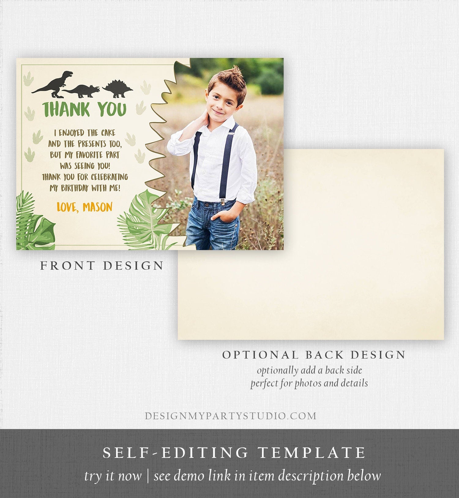 Editable Dinosaur Thank You Card Boy Prehistoric Dino Dig Party T-Rex Note Dino Mite Photo Digital Download Template Printable 0043