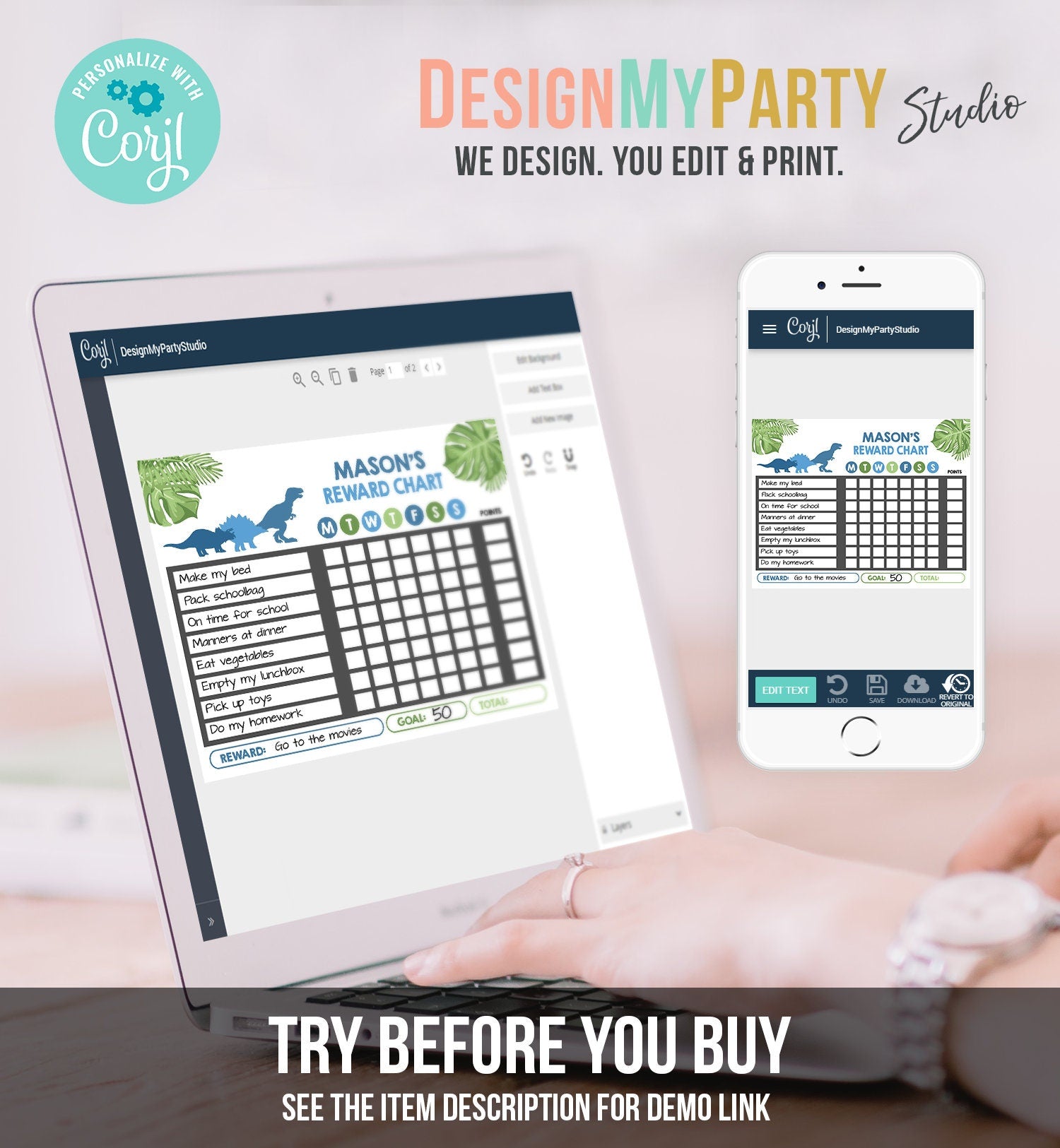 Editable Dinosaur Reward Chart for Boys Printable Dino Chore Chart for Kids Chores T-Rex Blue Routine Chart Digital Template Printable 0043