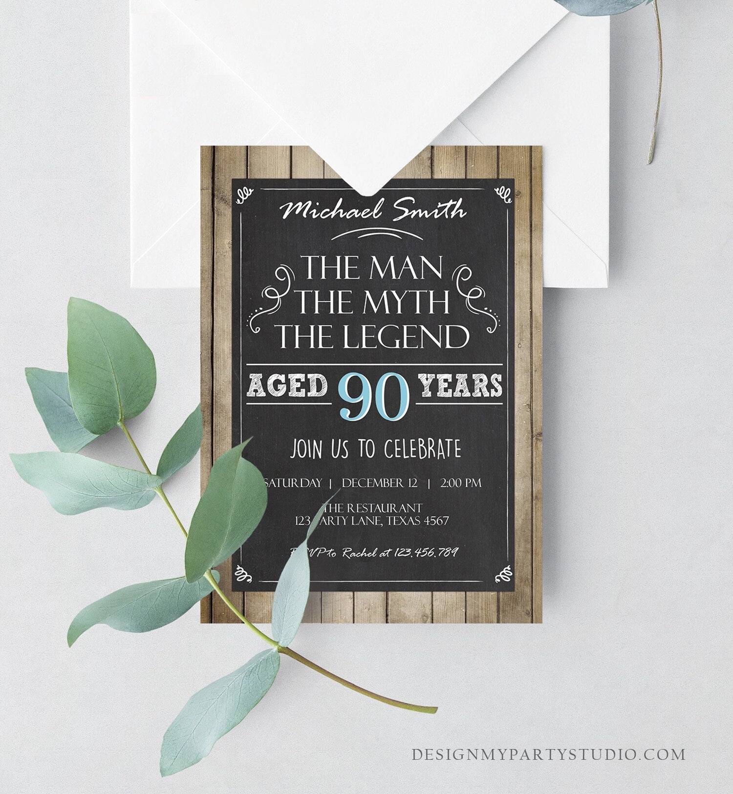Editable The Man The Myth The Legend Birthday Invitation Man Men Adult Birthday Wood Rustic Chalk Download Printable Invite Corjl 0101
