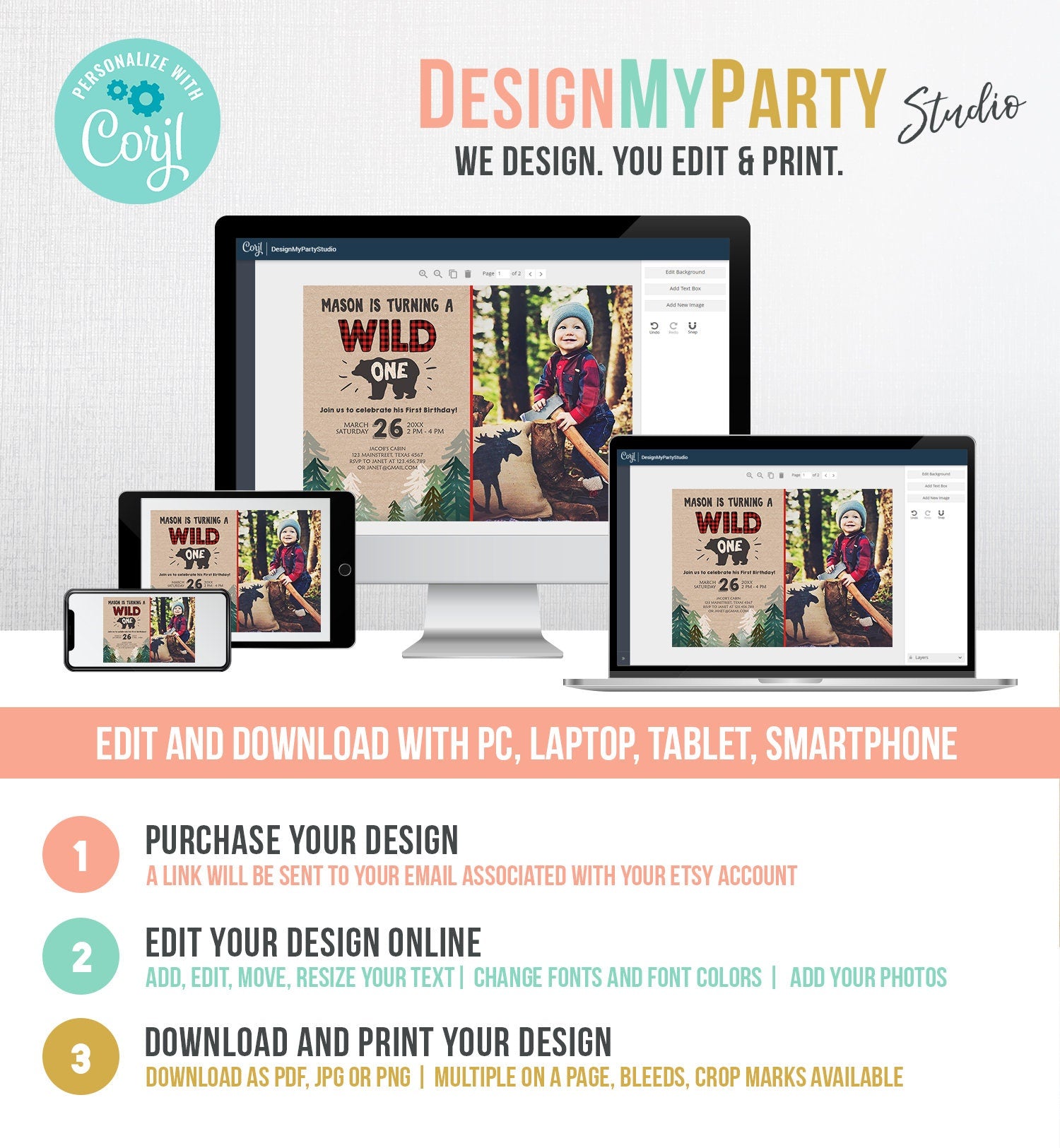 Editable Wild One Birthday Invitation Lumberjack First Birthday Trees Red Black Plaid Outdoor Bear Download Printable Template Corjl 0026