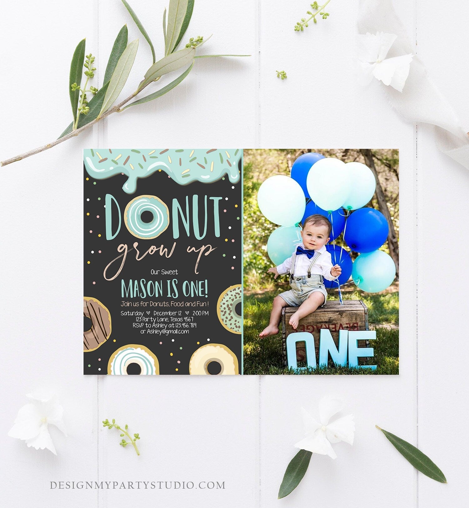 Editable Donut Grow Up Birthday Invitation First Birthday Party Blue Boy Doughnut 1st Pastel Photo Download Printable Template Corjl 0050