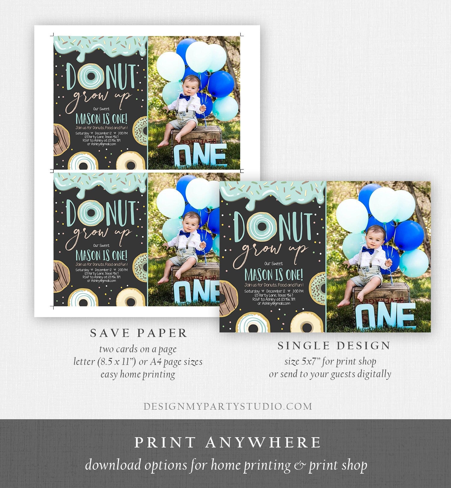 Editable Donut Grow Up Birthday Invitation First Birthday Party Blue Boy Doughnut 1st Pastel Photo Download Printable Template Corjl 0050