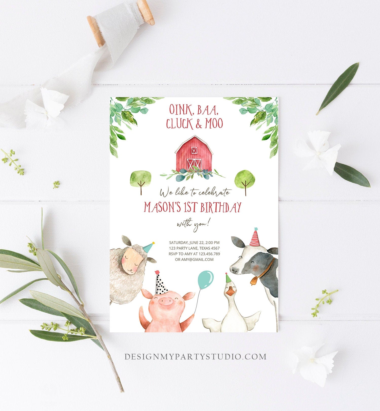 Editable Farm Animals Birthday Invitation Boy Party Animals Red Barn Barnyard Party Evite Digital Download Evite Template Printable 0155