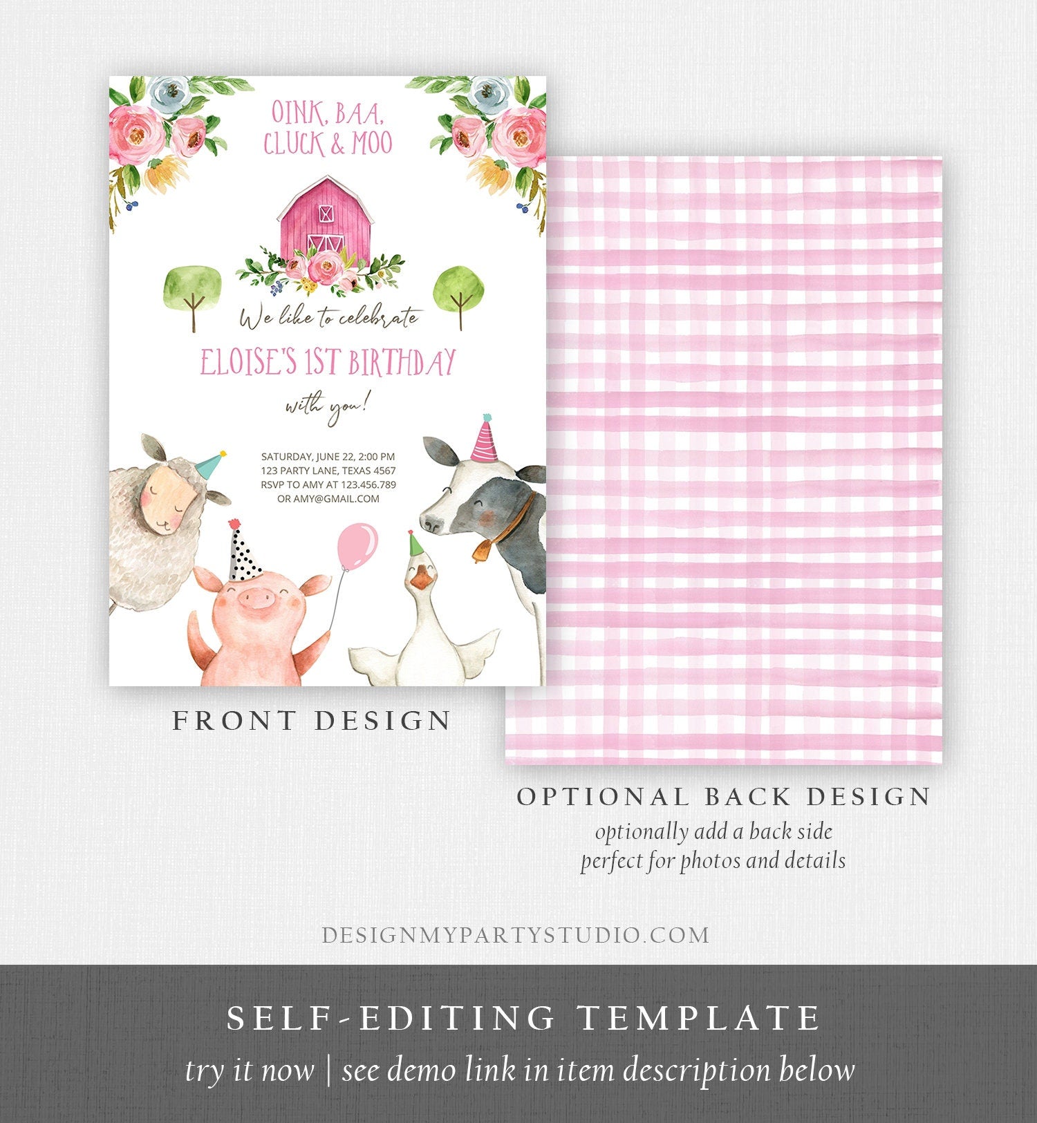 Editable Farm Animals Birthday Invitation Girl Party Animals Pink Floral Barnyard Party Digital Download Evite Template Printable 0155