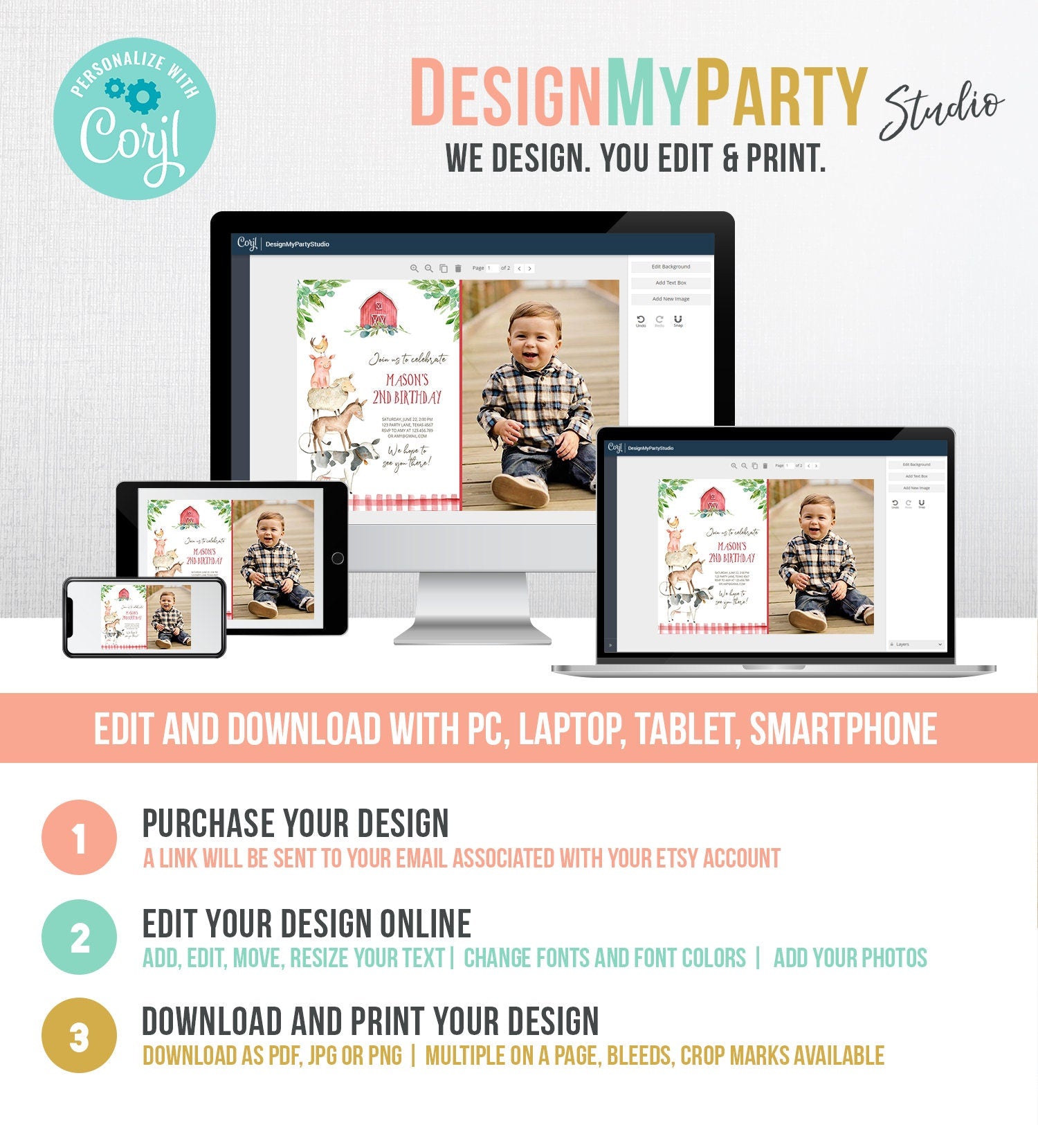 Editable Farm Birthday Invitation Boy Farm Animals Boy Barnyard Birthday Party Download Printable Invitation Template Digital Corjl 0155