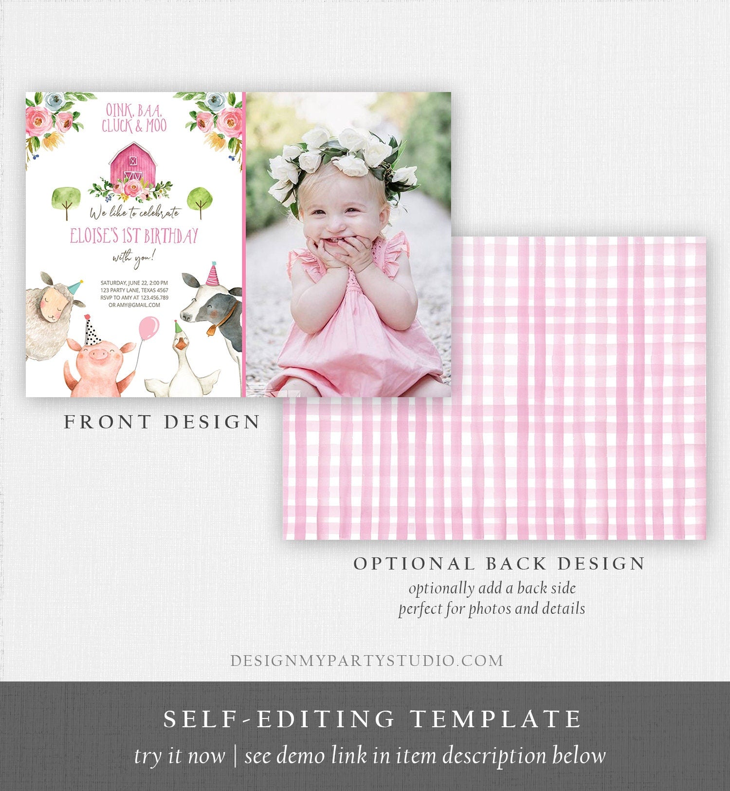 Editable Farm Birthday Invitation Girl Farm Animals Pink Floral Barnyard Party Animals Digital Download Evite Template Printable 0155
