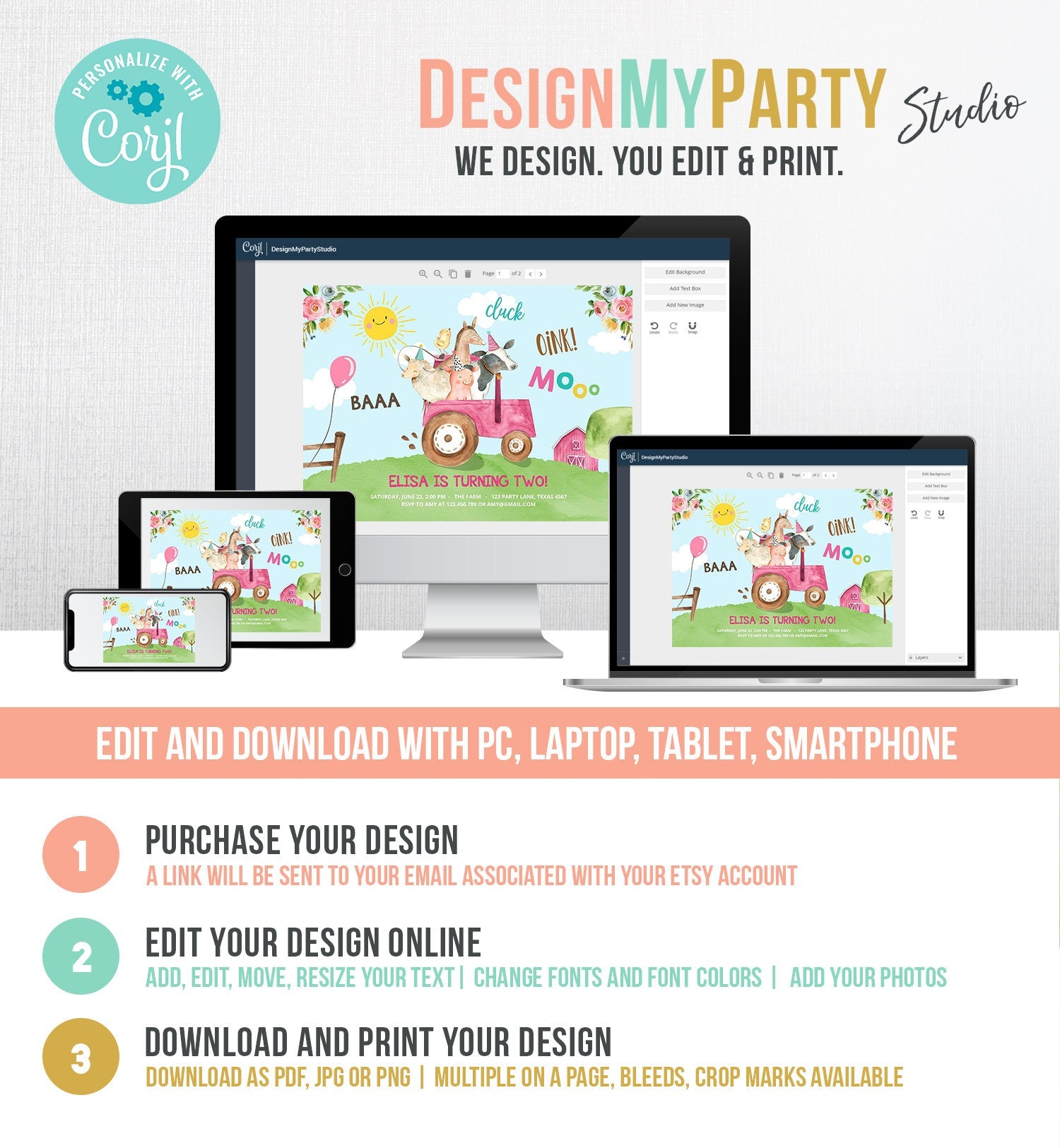 Editable Farm Birthday Invitation Girl Farm Animals Pink Floral Barnyard Party Tractor Download Printable Template Digital Corjl 0155