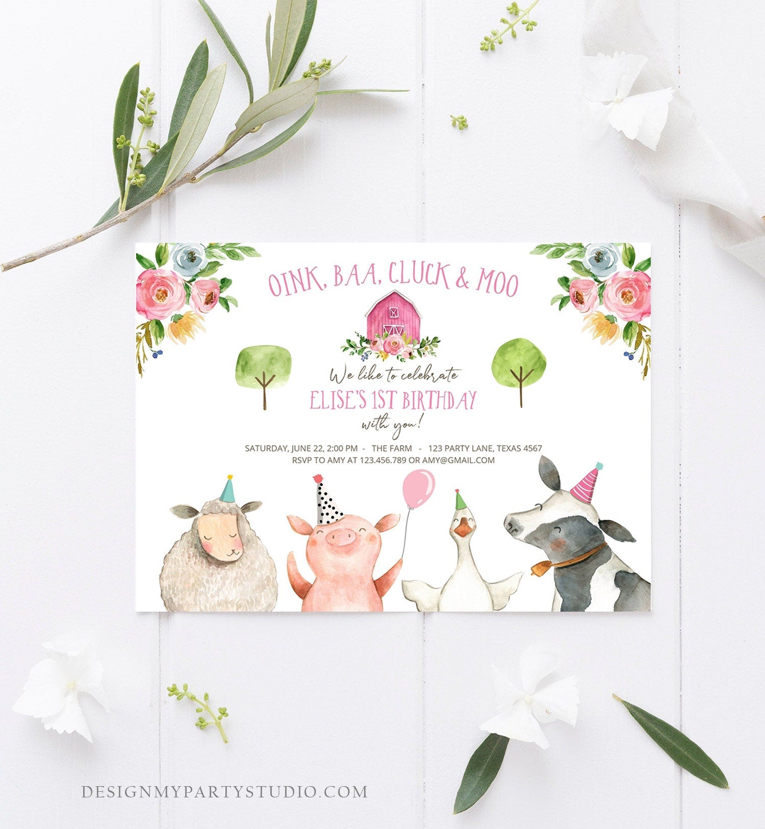 Editable Farm Animals Birthday Invitation Girl Party Animals Pink Barn Barnyard Download Digital Download Evite Template Printable 0155