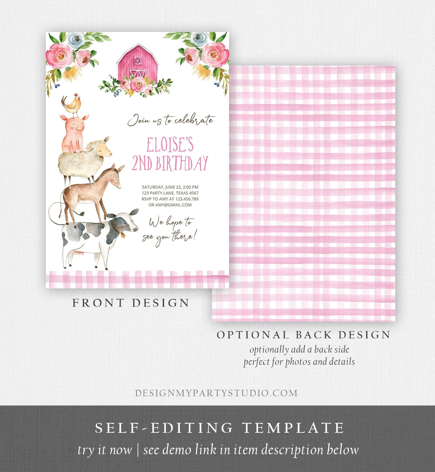 Editable Farm Animals Birthday Invitation Girl Party Animals Pink Floral Barnyard Party Digital Download Evite Template Printable 0155