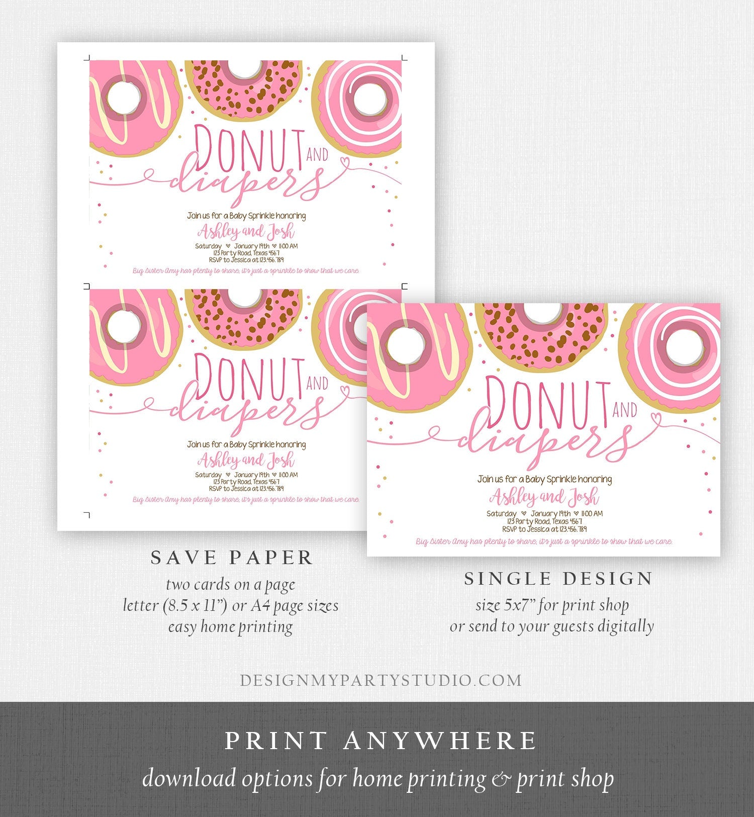 Editable Donut and Diapers Baby Shower Invitation Sprinkle Sprinkled With Love Girl Pink Pastel Digital Download Template Printable 0050