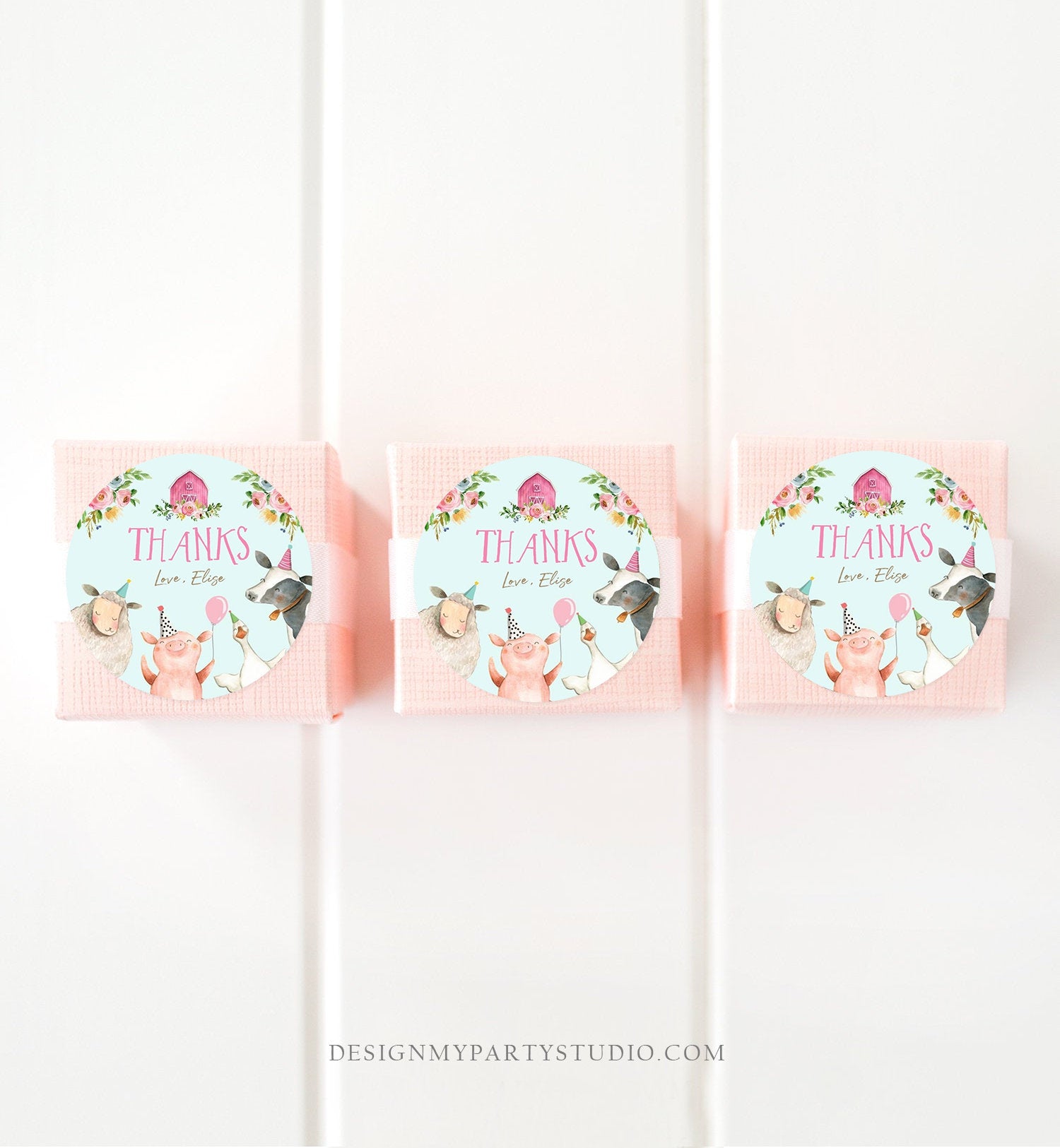 Editable Pink Farm Animals Thank you Tags Girl Birthday Barnyard Stickers Farm Birthday Decor Pink Favor Tags Cow Pig Template Corjl 0155