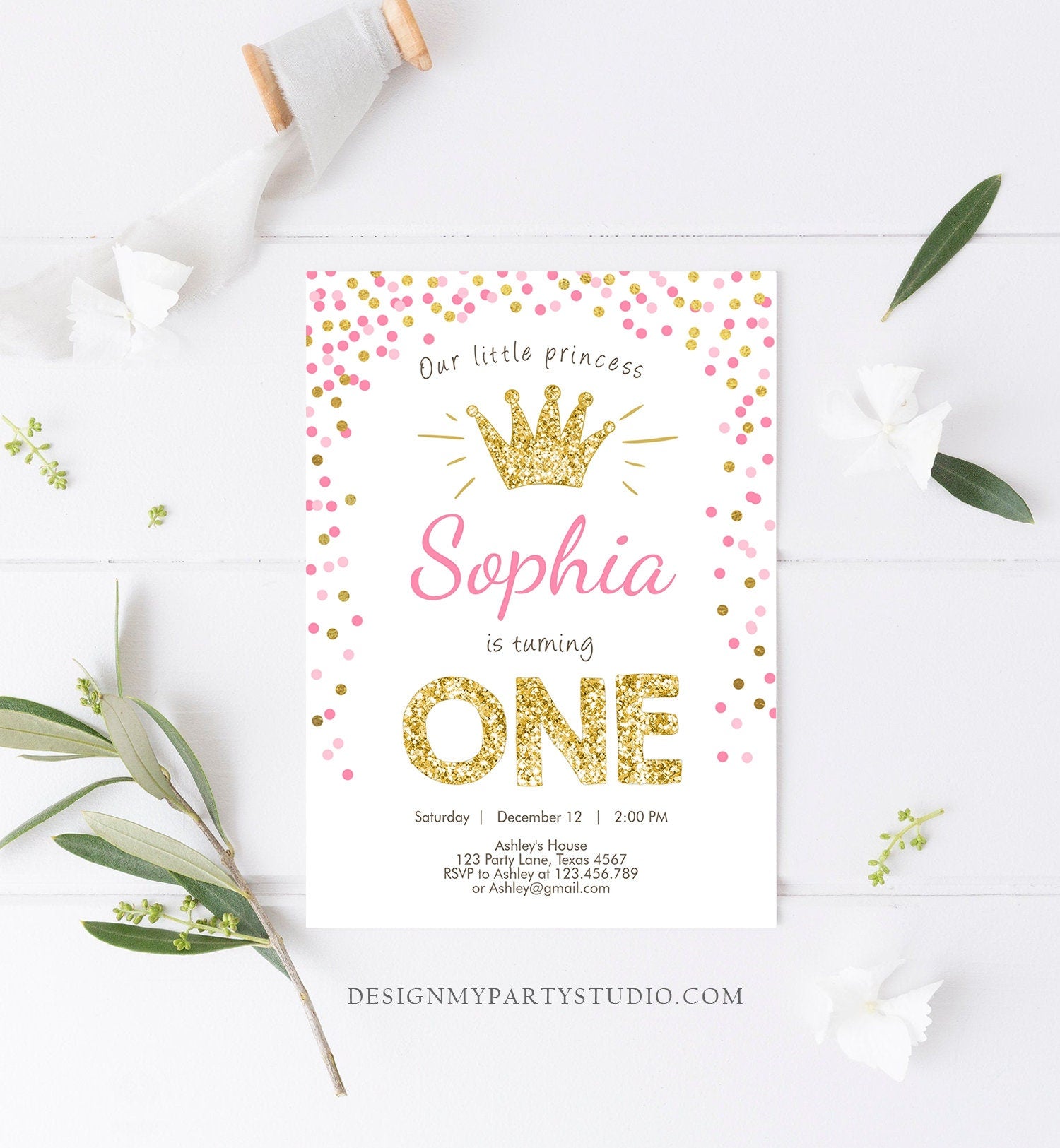 Editable Little Princess Birthday Invitation Girl Pink Gold First Birthday 1st Confetti Crown Digital Download Template Printable 0047