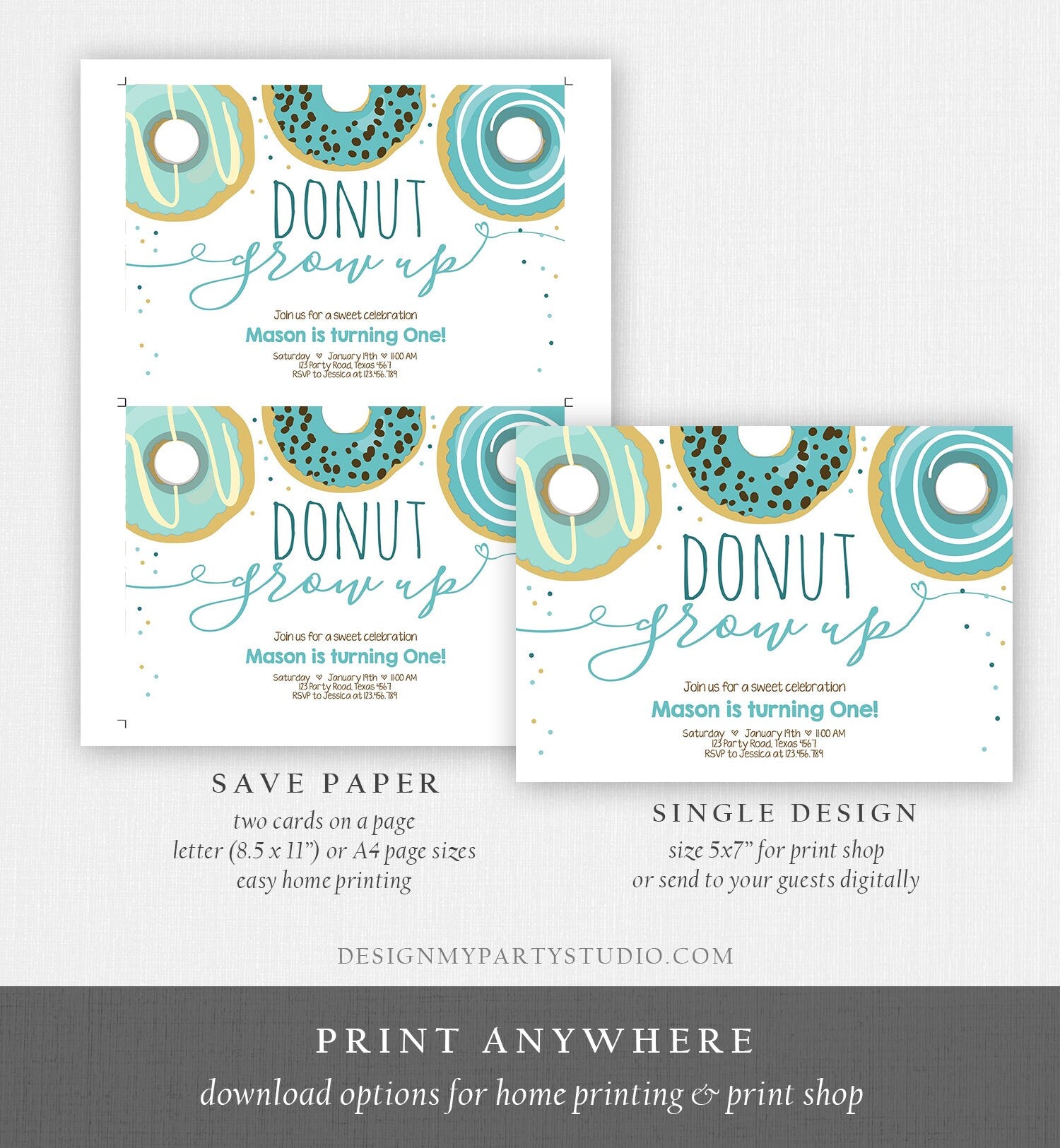 Editable Donut Grow Up Birthday Invitation First Birthday Party Blue Boy Doughnut 1st Pastel Photo Download Printable Template Corjl 0050