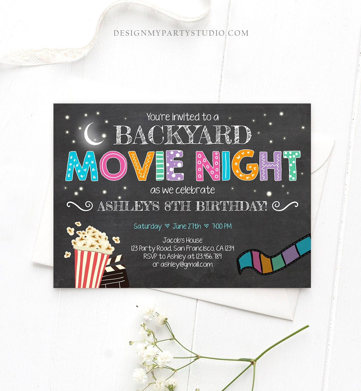 Editable Movie Night Birthday Invitation Under the Stars Outdoor Backyard Movie Party Popcorn Download Printable Template Corjl 0042