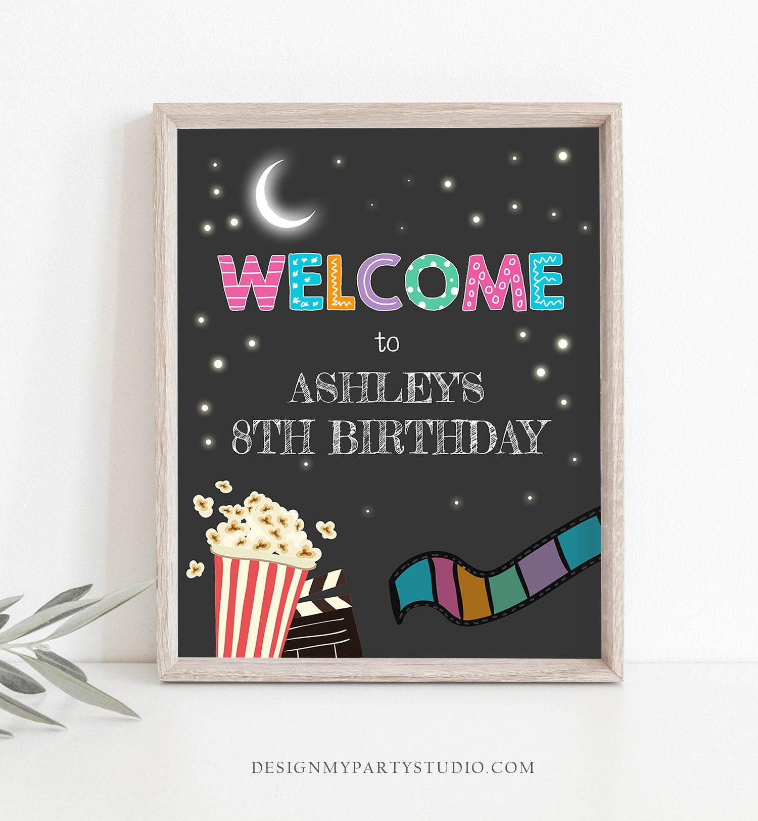 Editable Welcome Sign Movie Night Birthday Girl Movie Under The Stars Welcome Popcorn Movie Party Backyard Digital Template Printable 0042