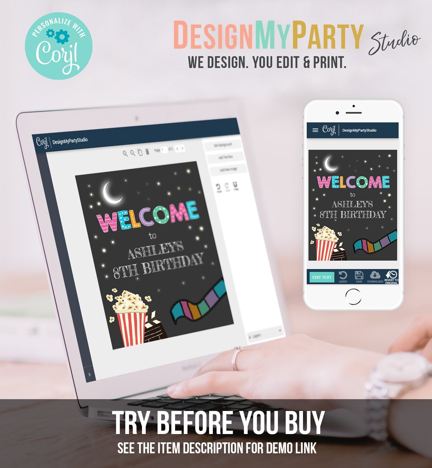 Editable Welcome Sign Movie Night Birthday Girl Movie Under The Stars Welcome Popcorn Movie Party Backyard Digital Template Printable 0042