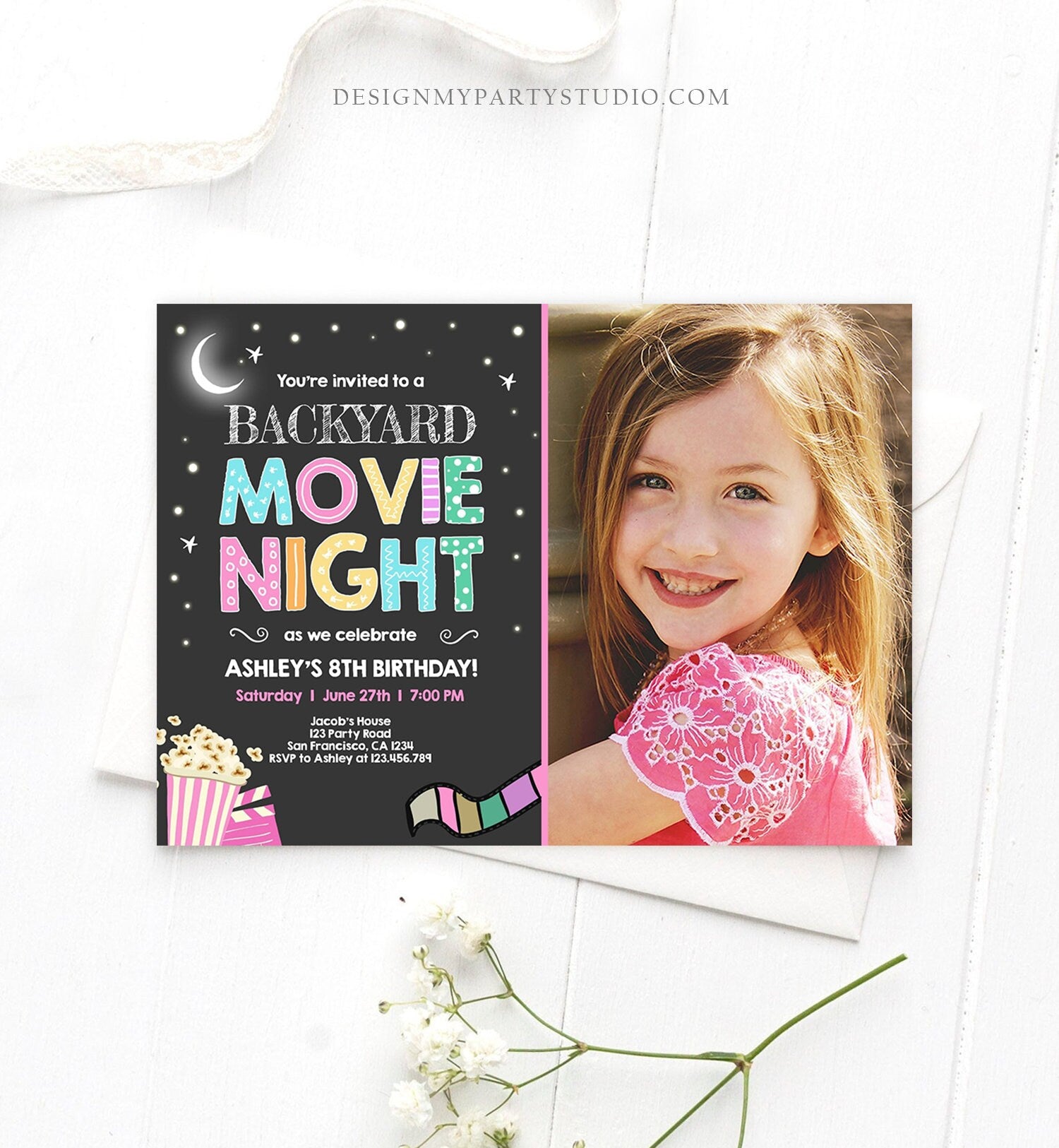 Editable Movie Night Birthday Invitation Girls Movie Slumber Party Backyard Movie Party Popcorn Download Printable Template Corjl 0042