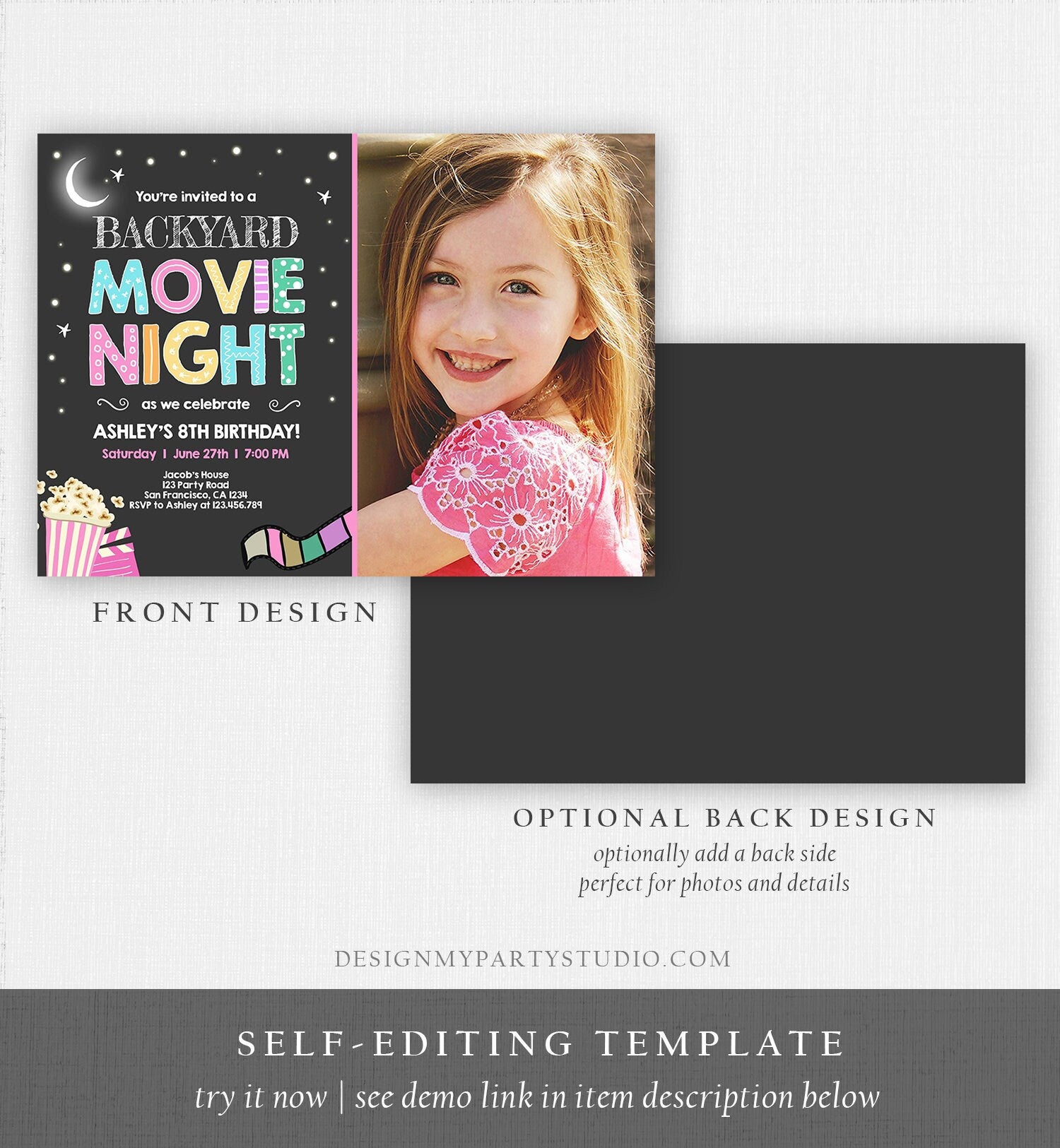 Editable Movie Night Birthday Invitation Girls Movie Slumber Party Backyard Movie Party Popcorn Download Printable Template Corjl 0042