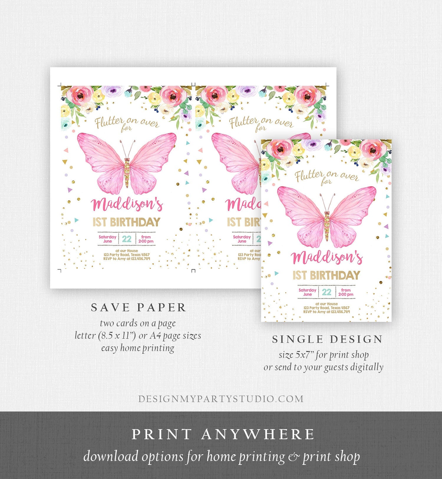 Editable Butterfly Birthday Invitation Butterfly Invitation Garden Floral Flowers Pink Gold Girl Download Printable Template Corjl 0162