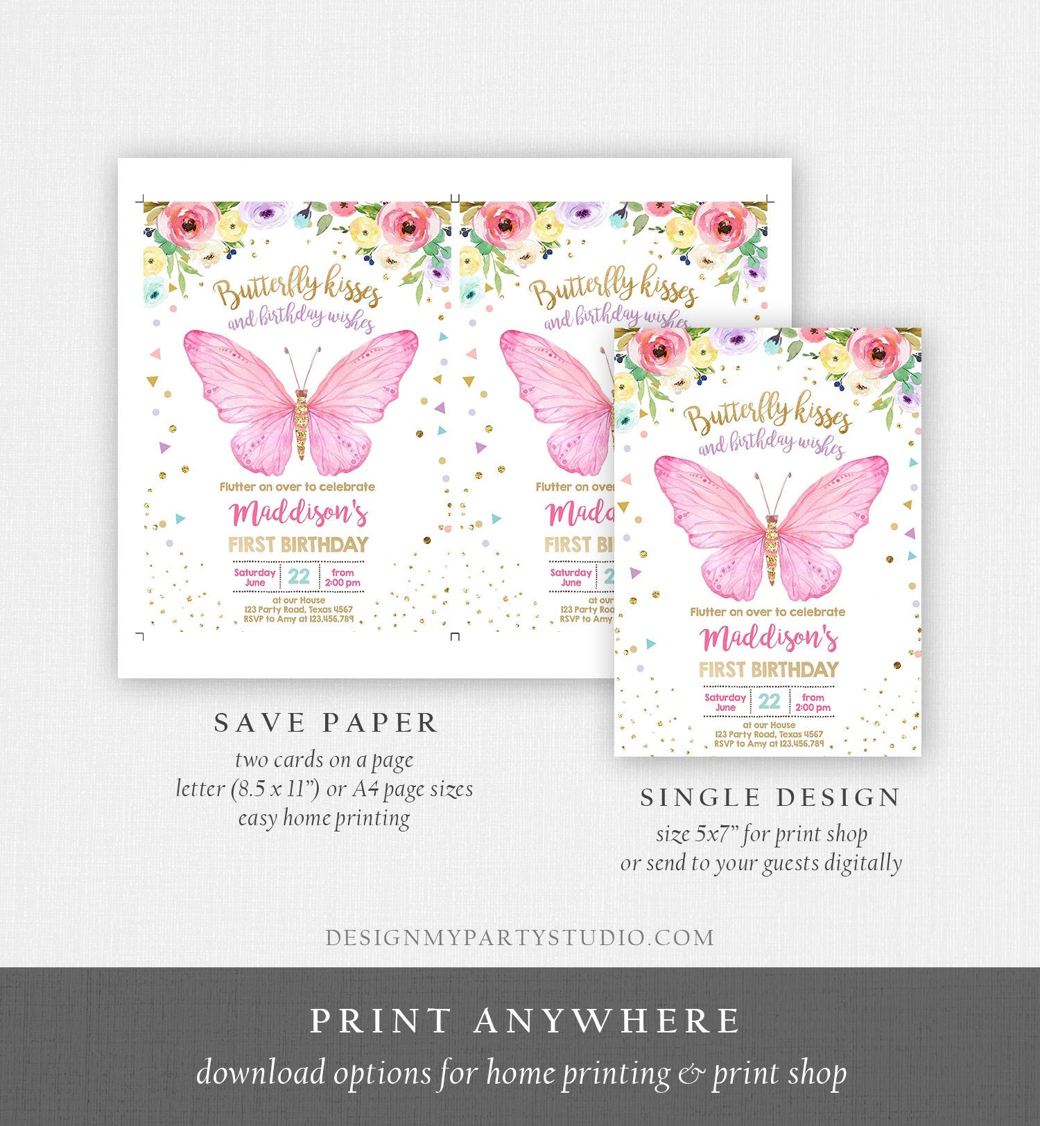 Editable Butterfly Birthday Invitation Butterfly Invitation Garden Floral Flowers Pink Gold Girl Digital Download Template Printable 0162