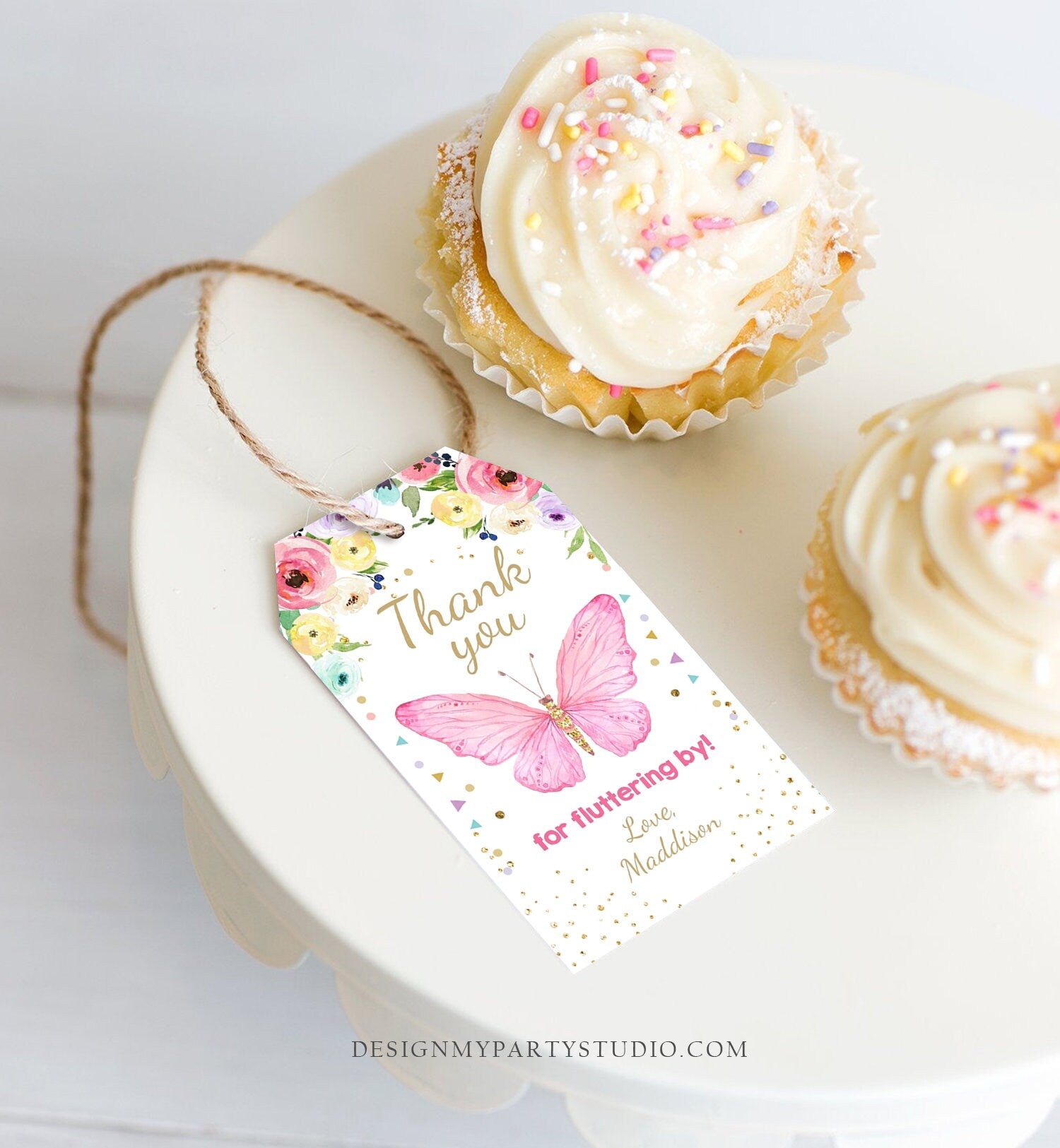 Editable Butterfly Favor Tags Butterfly Birthday Thank you tags Garden Shower Pink Gold Girl Fluttering By Digital Template Printable 0162