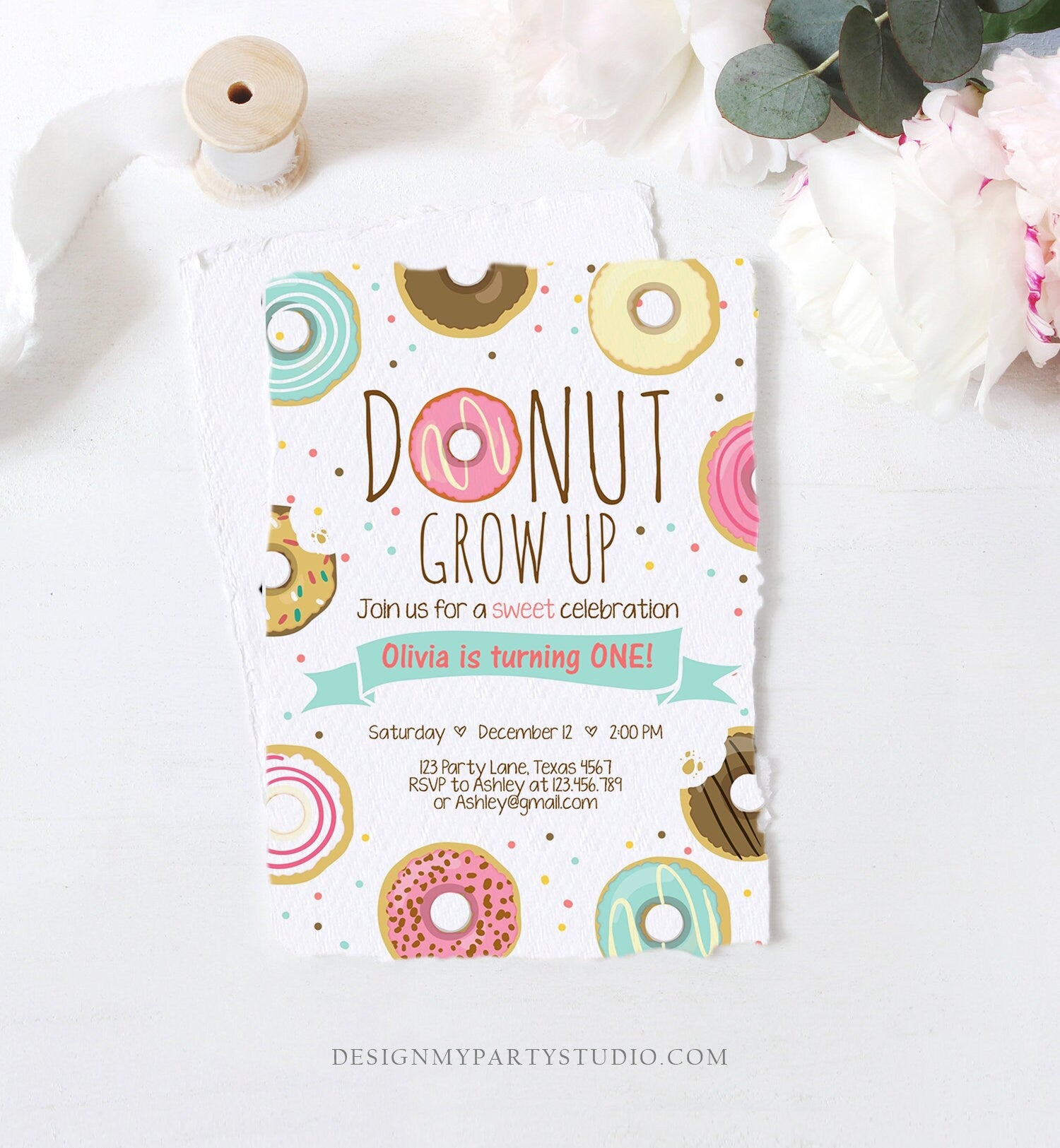 Editable Donut Grow Up Birthday Invitation First Birthday Party Pink Girl Doughnut Sweet Digital Download Printable Template Corjl 0050