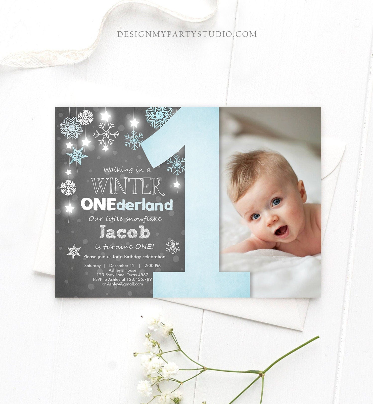 Editable Winter ONEderland Birthday Invitation Blue Boy First Birthday Snowflake Download Digital Download Evite Template Printable 0057