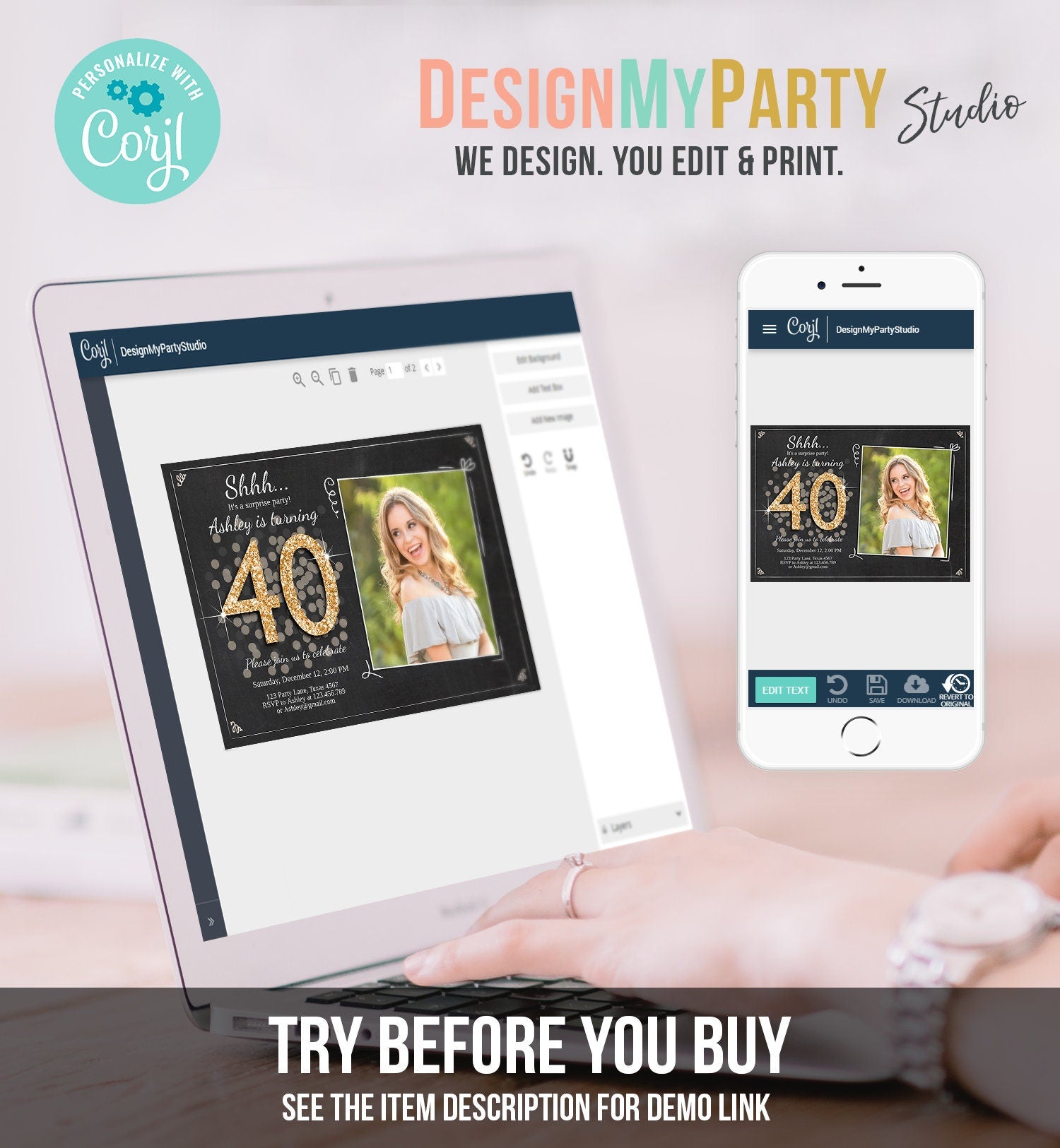 Editable ANY AGE Surprise Birthday Invitation Adult 40th Party Rustic Chalk Black Gold Glitter Photo Download Printable Corjl Template 0103