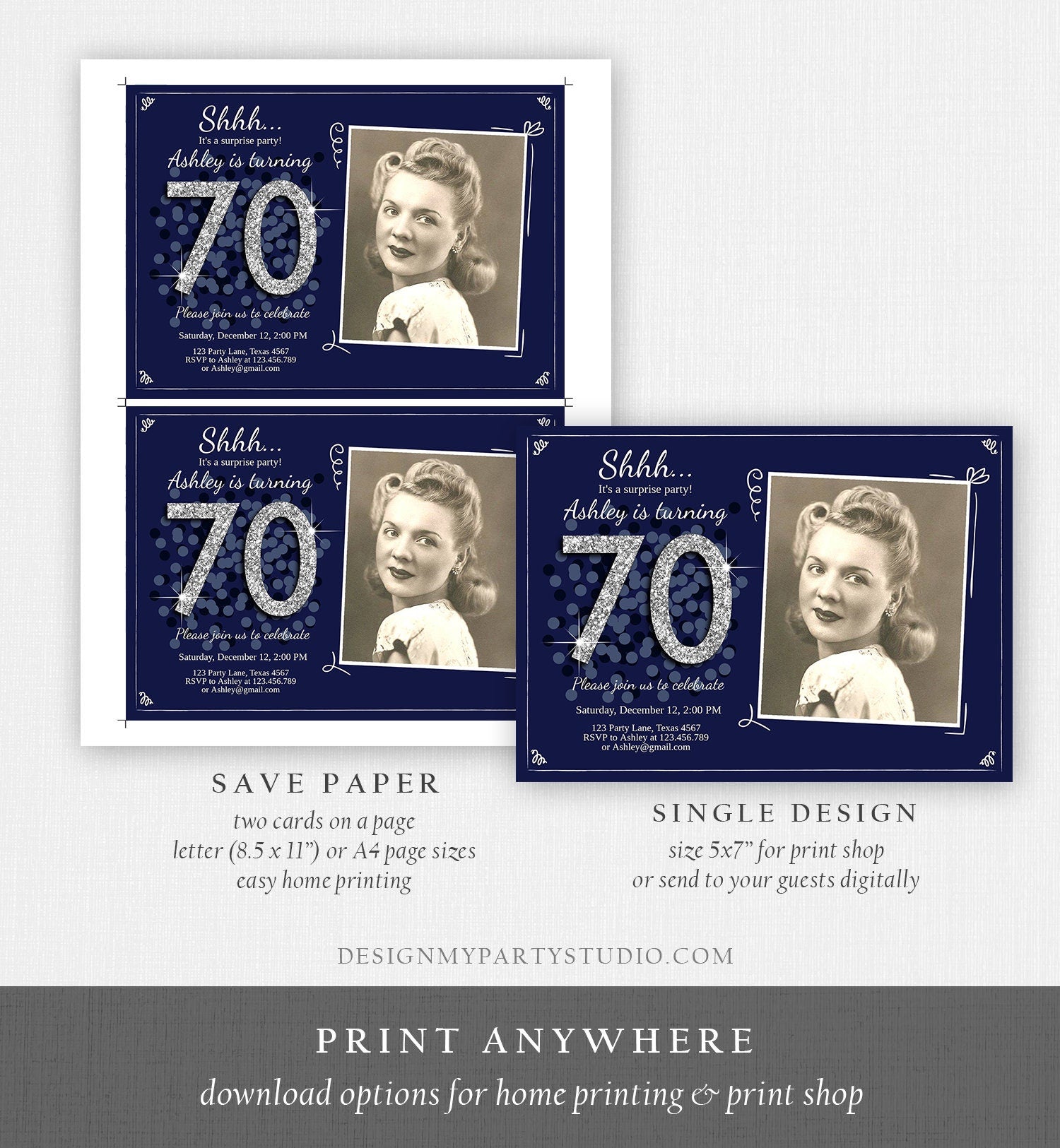 Editable ANY AGE Surprise Birthday Invitation Adult 70th Party Rustic Navy Blue Silver Glitter Photo Download Printable Corjl Template 0103