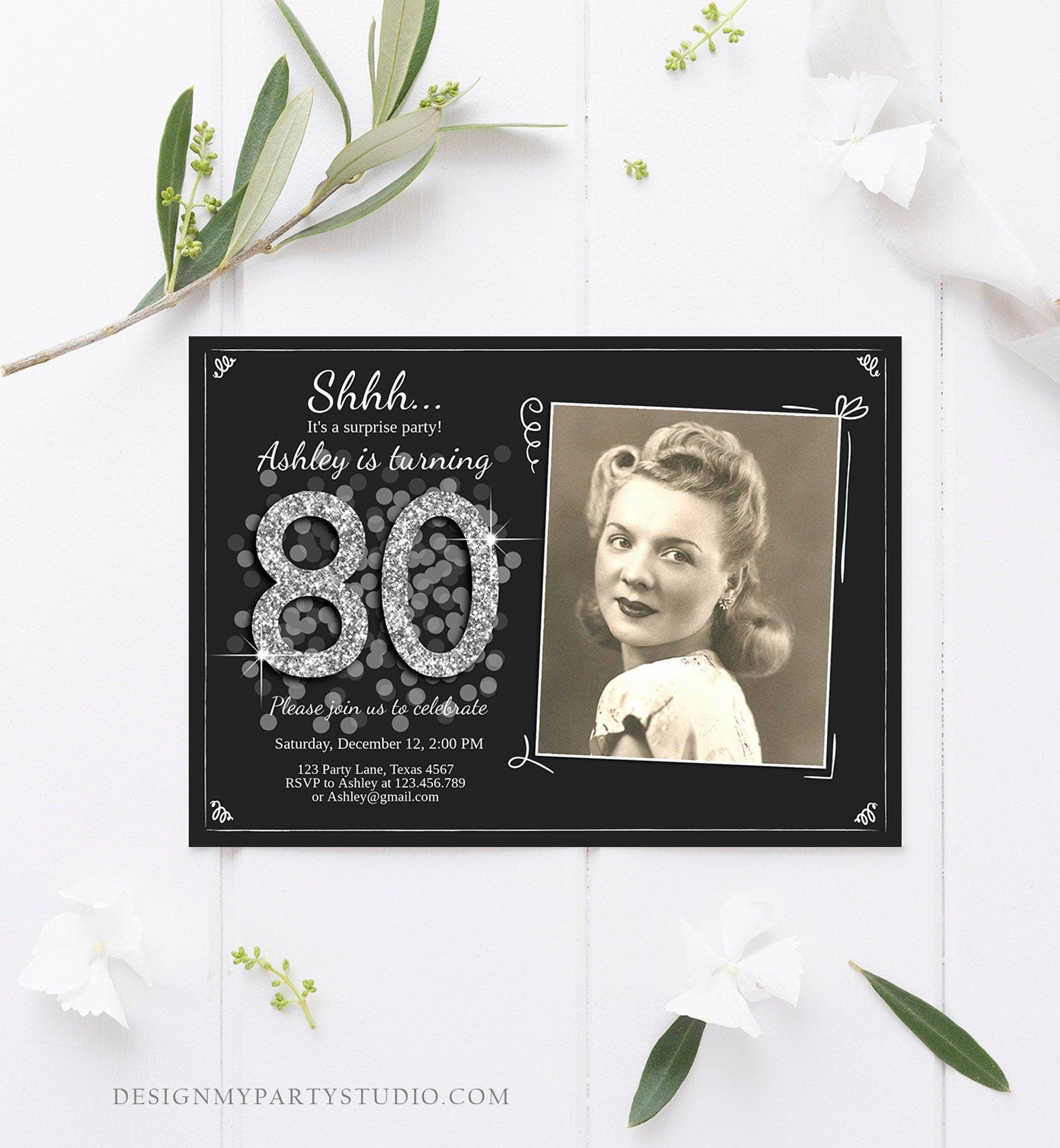 Editable ANY AGE Surprise Birthday Invitation Adult 80th Party Rustic Black Silver Glitter Photo Digital Download Template Printable 0103