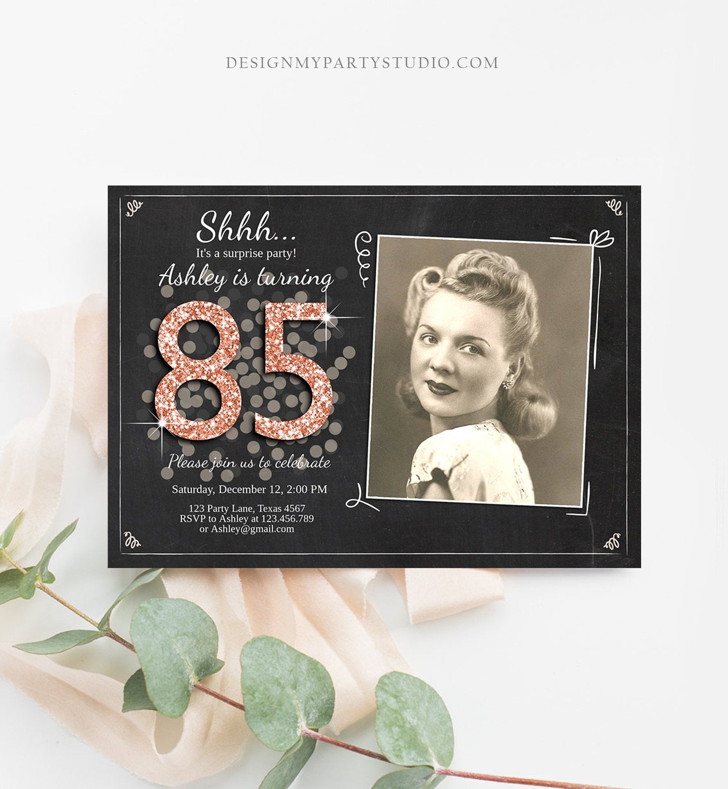 Editable ANY AGE Surprise Birthday Invitation Adult 85th Party Rustic Chalk Rose Gold Glitter Photo Download Corjl Template Printable 0103