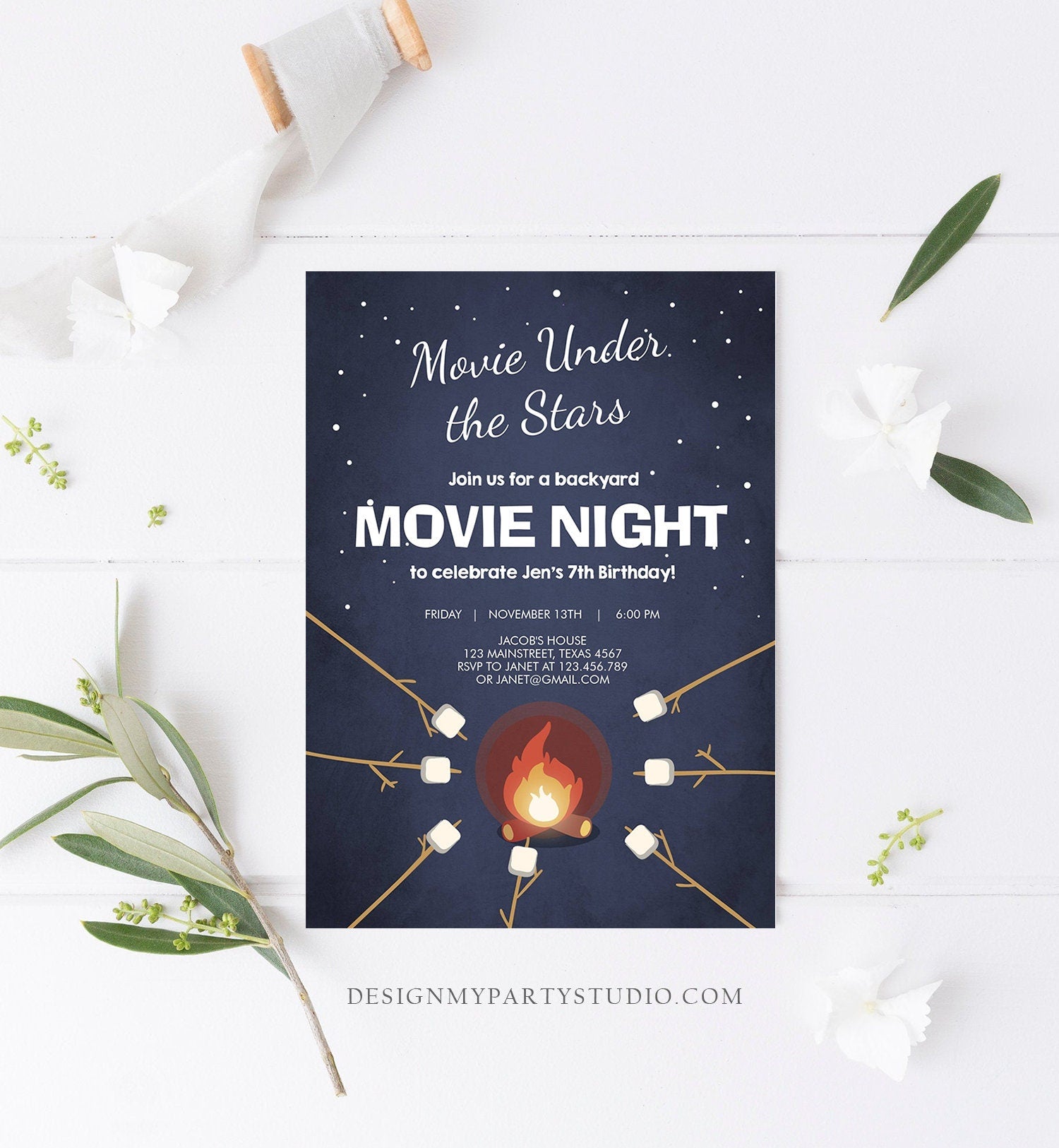 Editable Movie Night Birthday Invitation Under the Stars Bonfire Campfire Backyard Movie Party Download Corjl Template Printable 0268