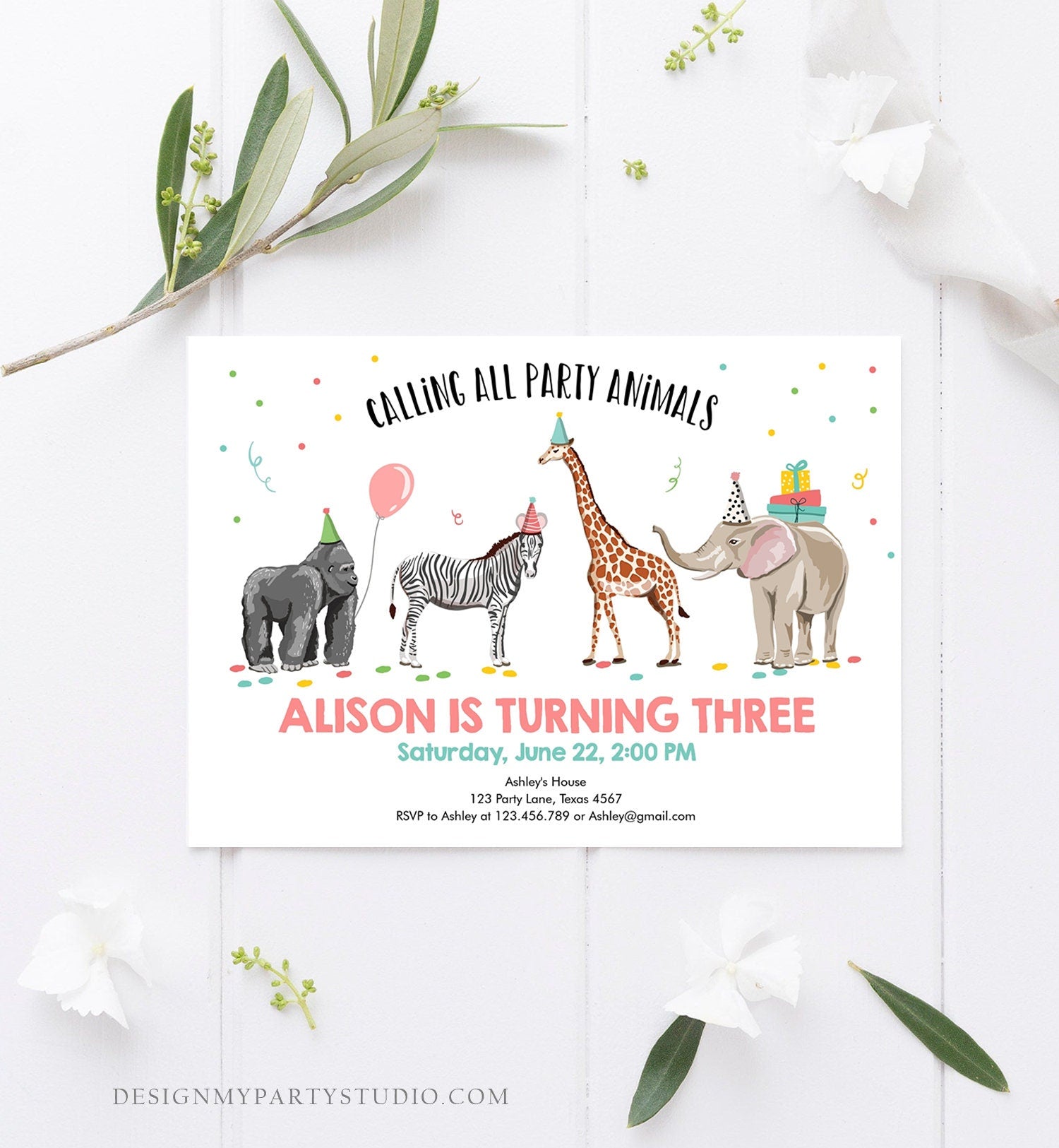 Editable Party Animals Birthday Invitation Wild One Animals Zoo Wild Safari Animals Girl Digital Download Corjl Template Printable 0142